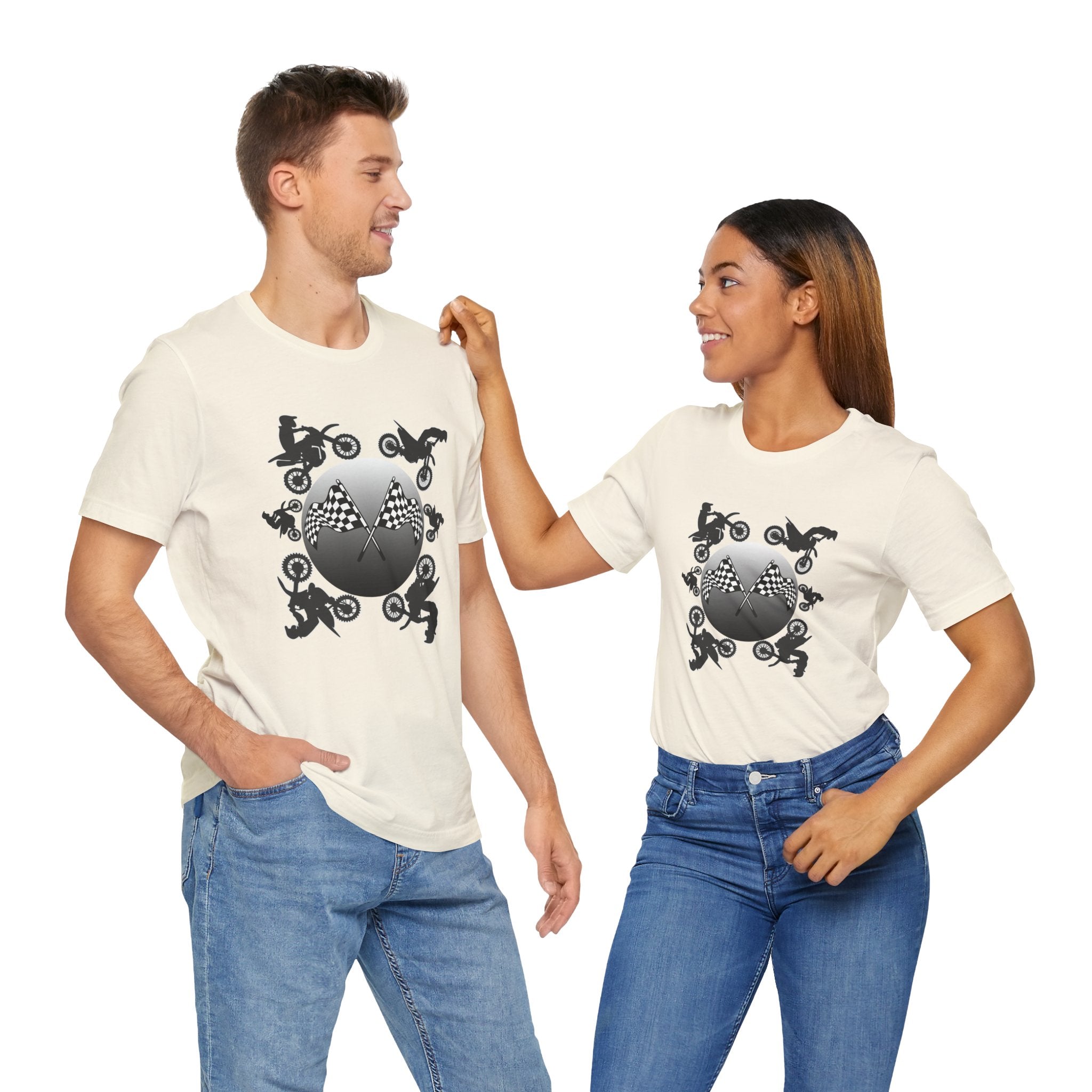 Two people wearing matching white t-shirts with a black design on a white background