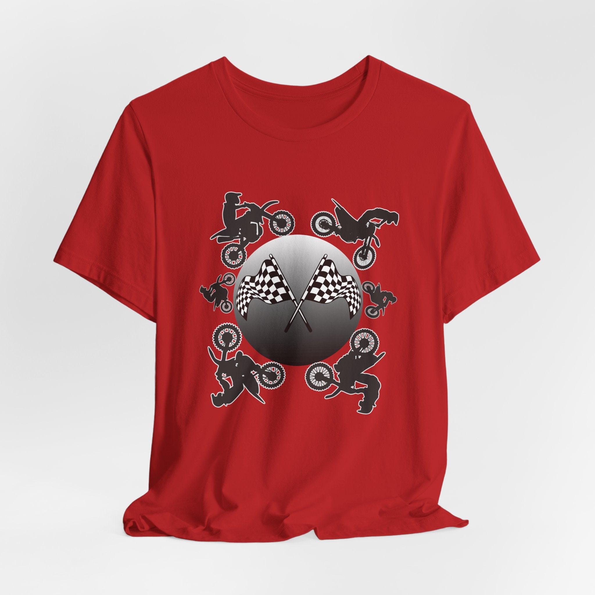 Red t-shirt with motocross dirt bike graphics and checkered flags on a light gray background