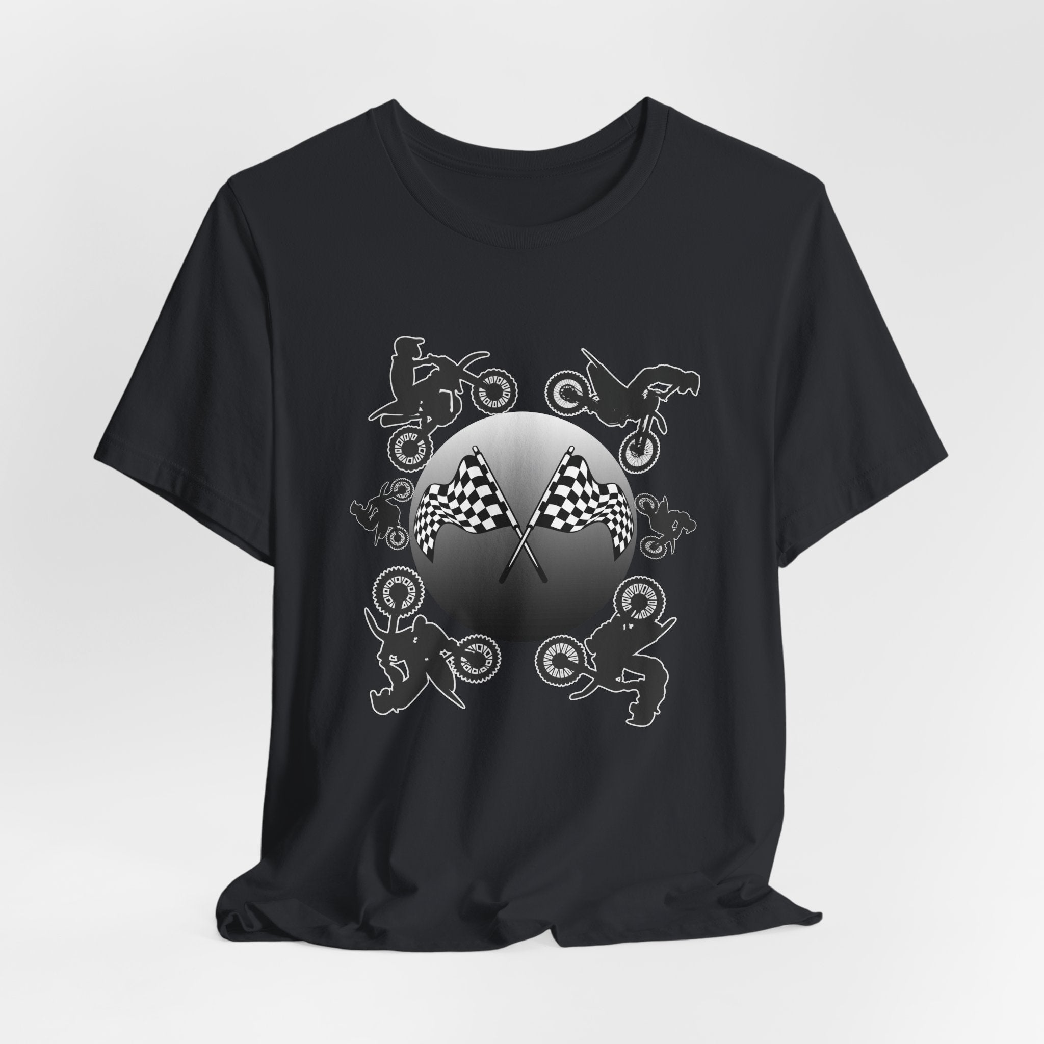 Vintage Black t-shirt with motocross dirt bike graphics and checkered flags on a light gray background