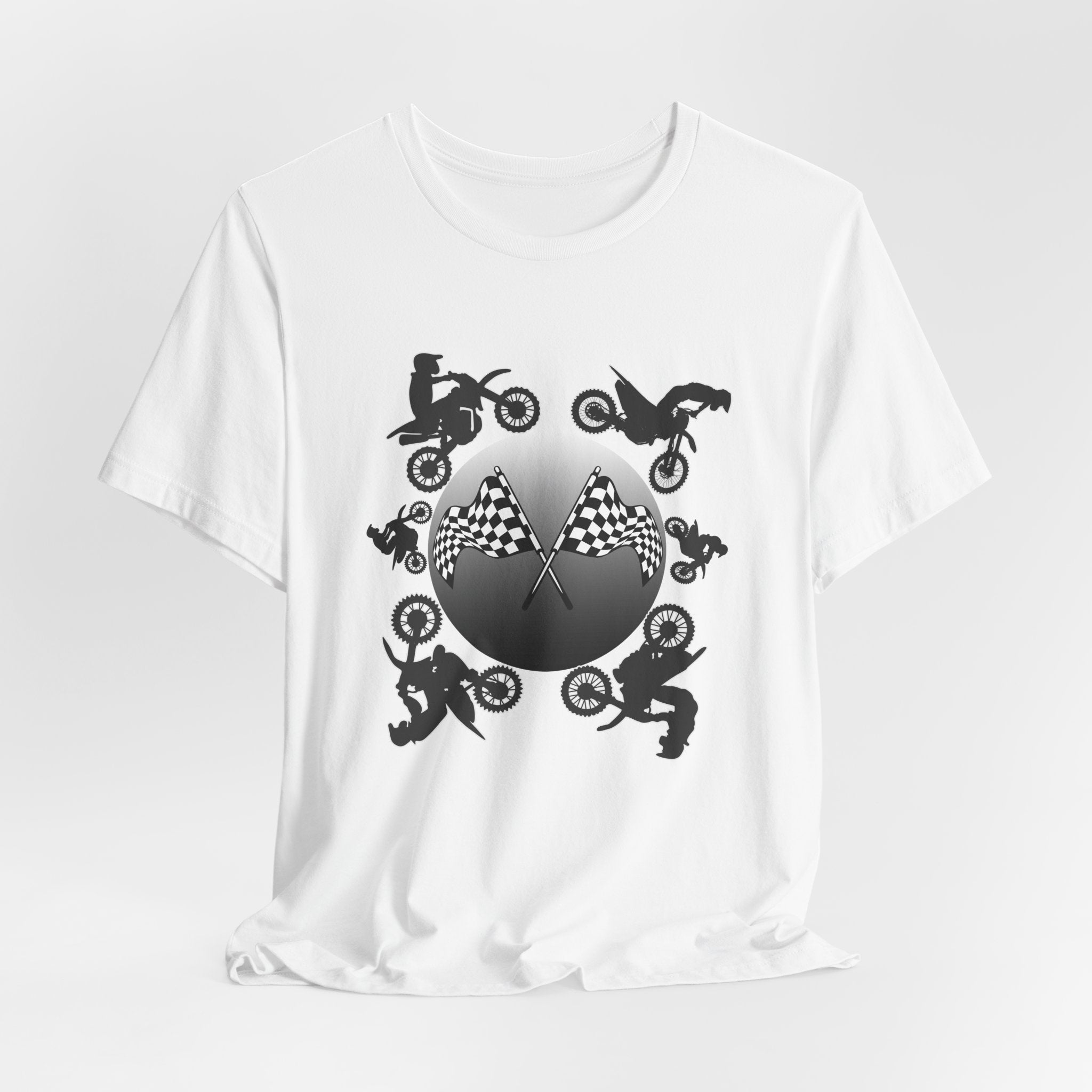 White t-shirt with motocross dirt bike graphics and checkered flags on a light gray background