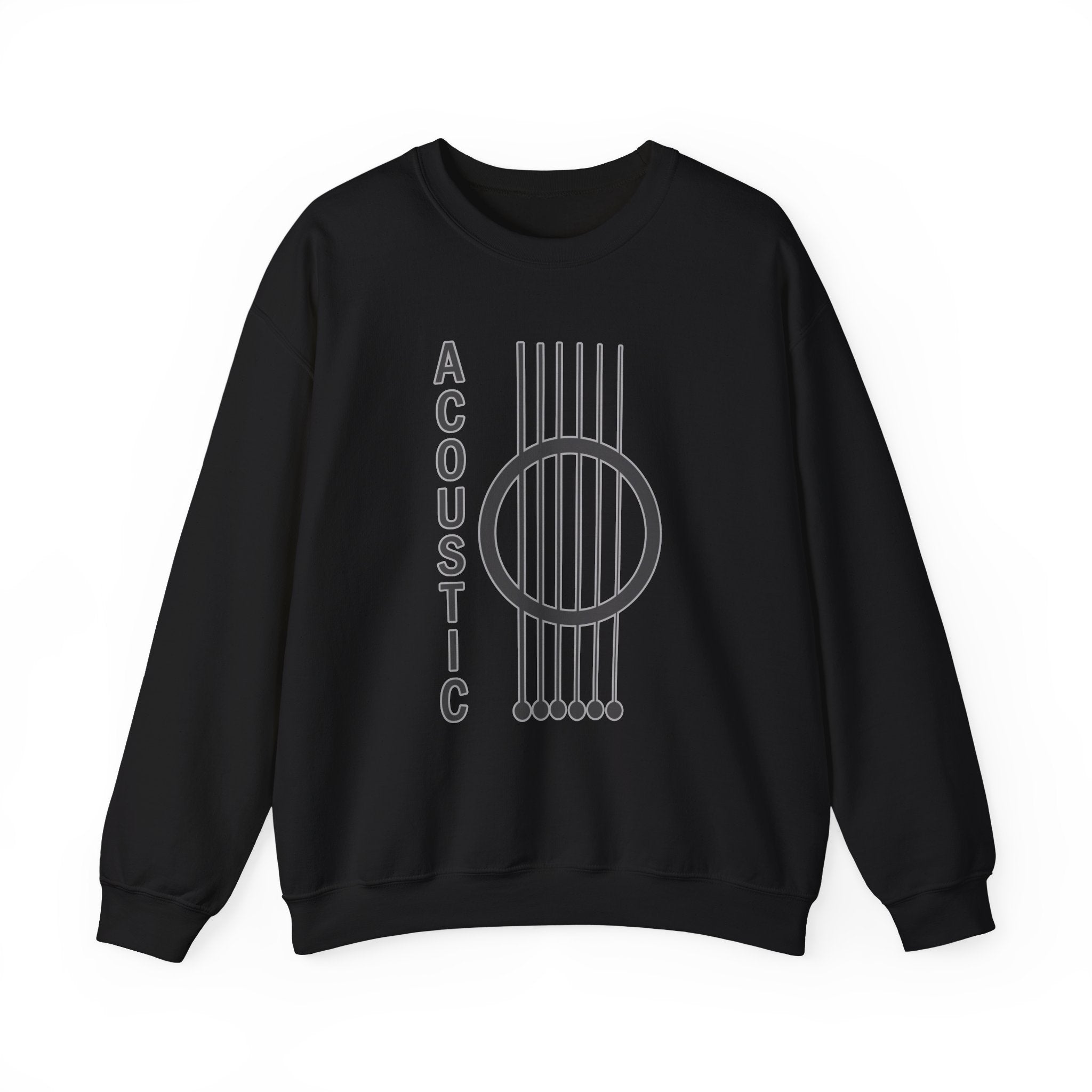 Black sweatshirt with acoustic guitar design and 'Acoustic' text on a white background