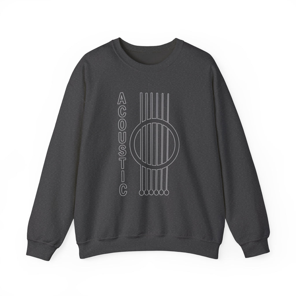 Dark heather sweatshirt with acoustic guitar design and 'Acoustic' text on a white background
