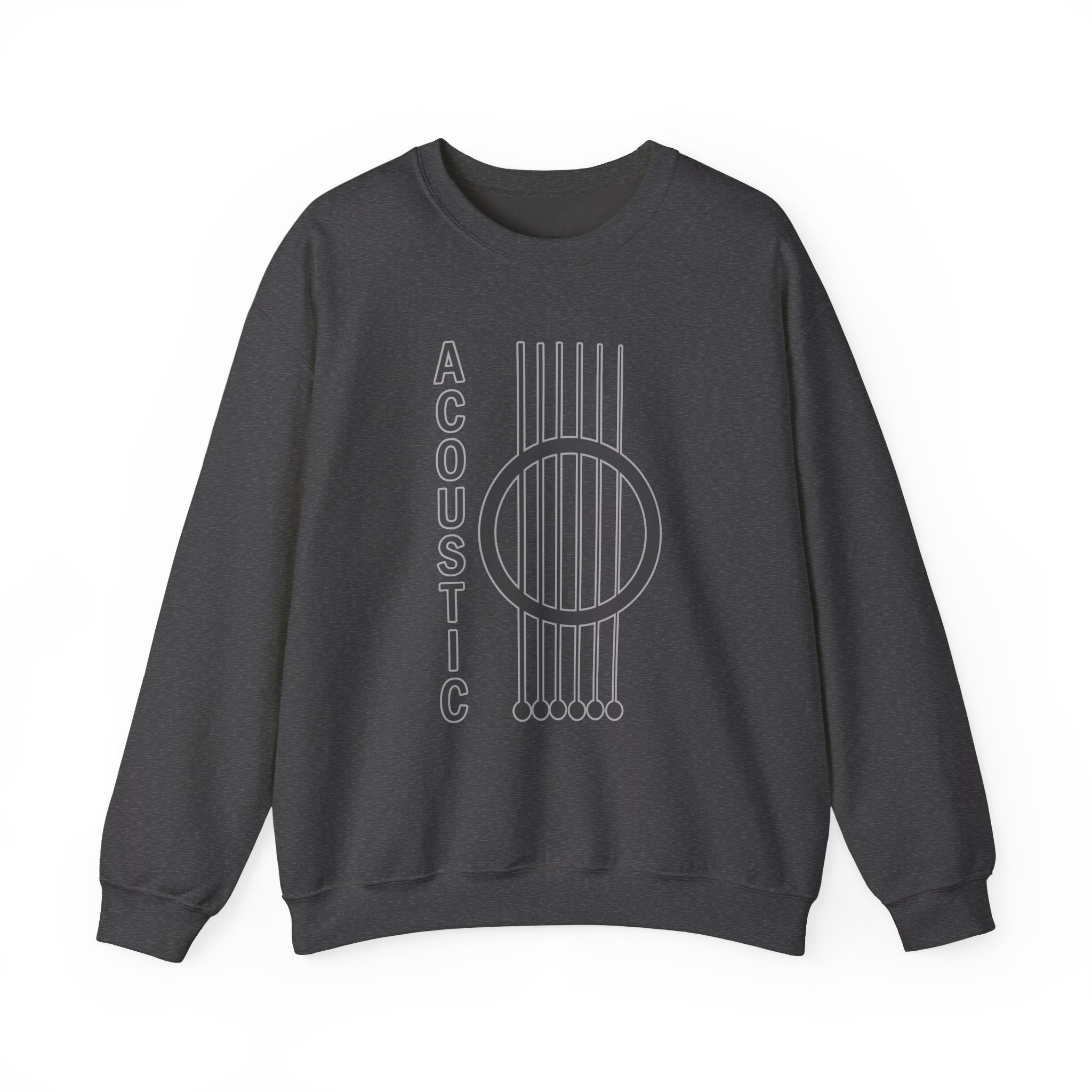 Dark heather sweatshirt with acoustic guitar design and 'Acoustic' text on a white background