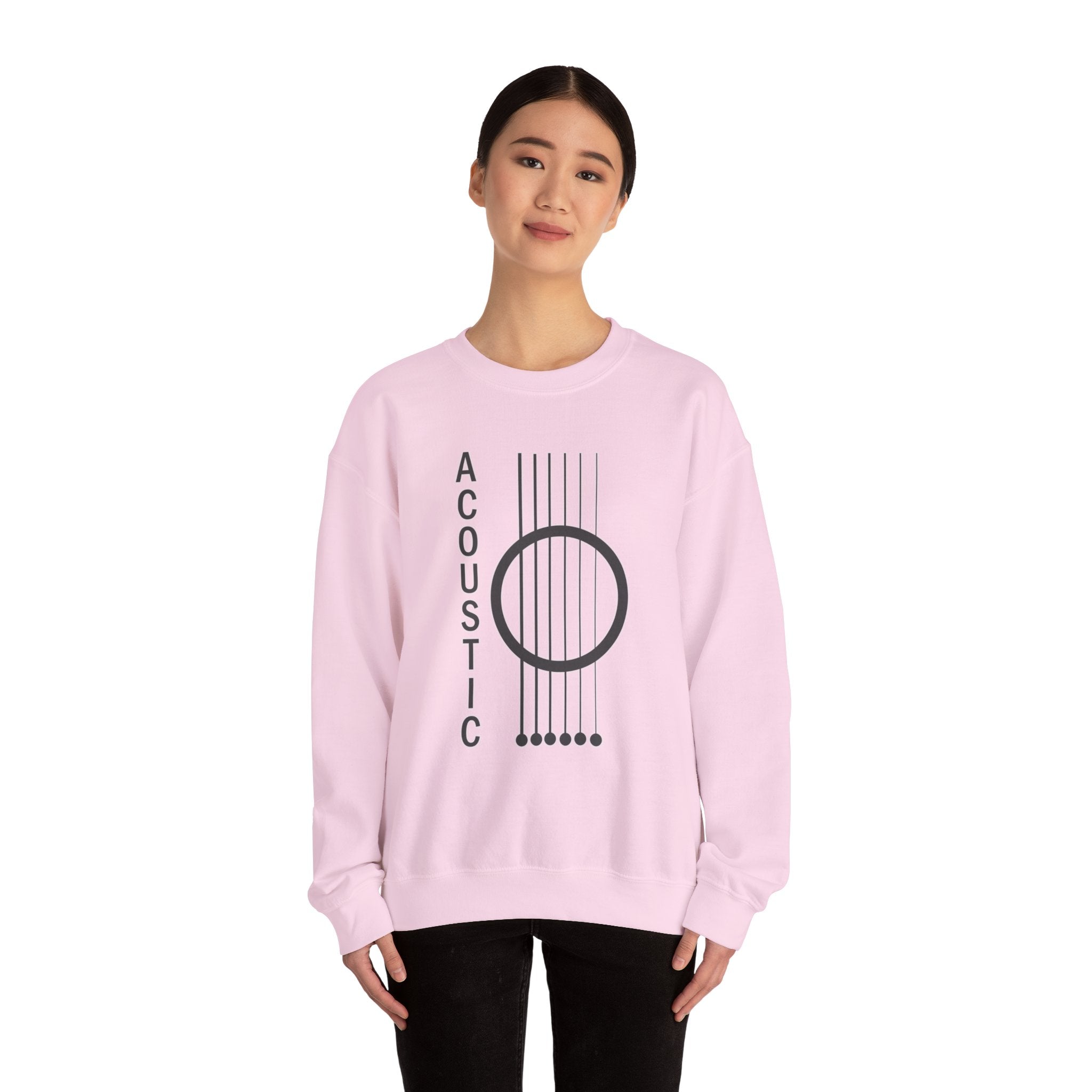 Woman wearing pink sweatshirt with acoustic guitar design and 'Acoustic' text on a white background