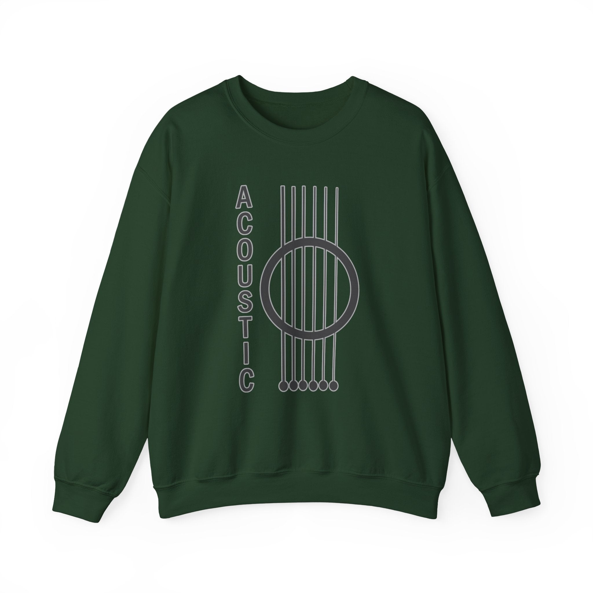 Forest green sweatshirt with acoustic guitar design and 'Acoustic' text on a white background