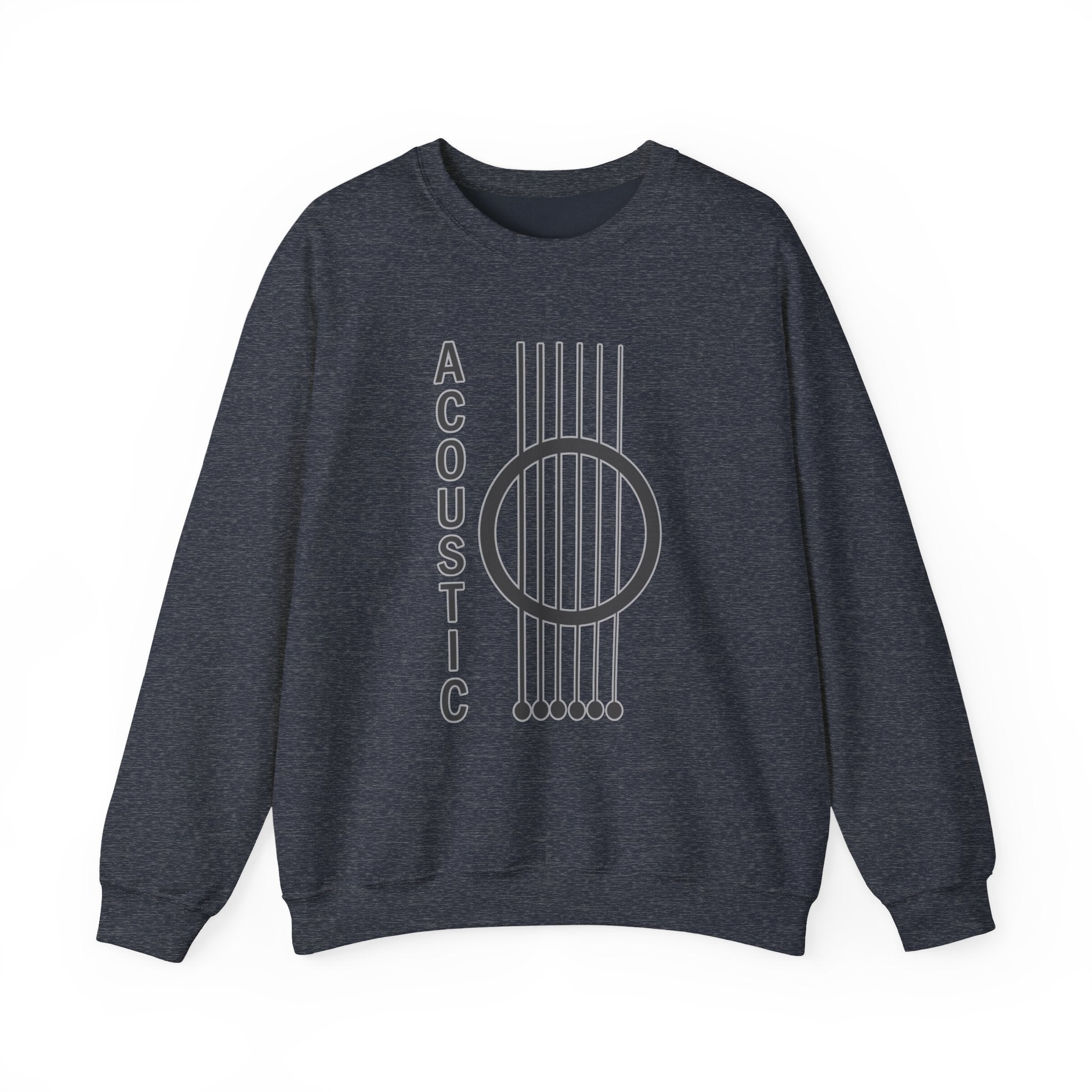 Heather sport dark navy sweatshirt with acoustic guitar design and 'Acoustic' text on a white background