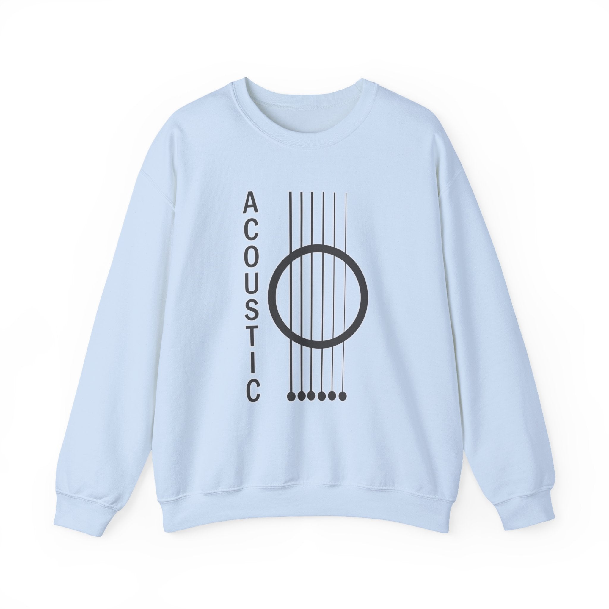 Light blue sweatshirt with acoustic guitar design and 'Acoustic' text on a white background