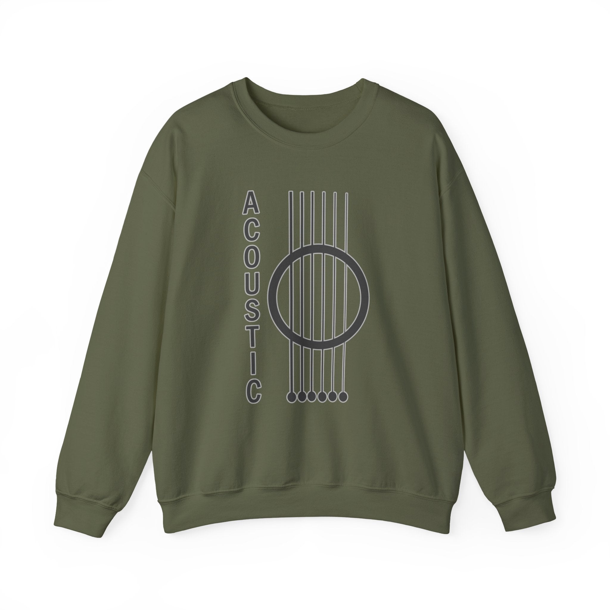 Military green sweatshirt with acoustic guitar design and 'Acoustic' text on a white background