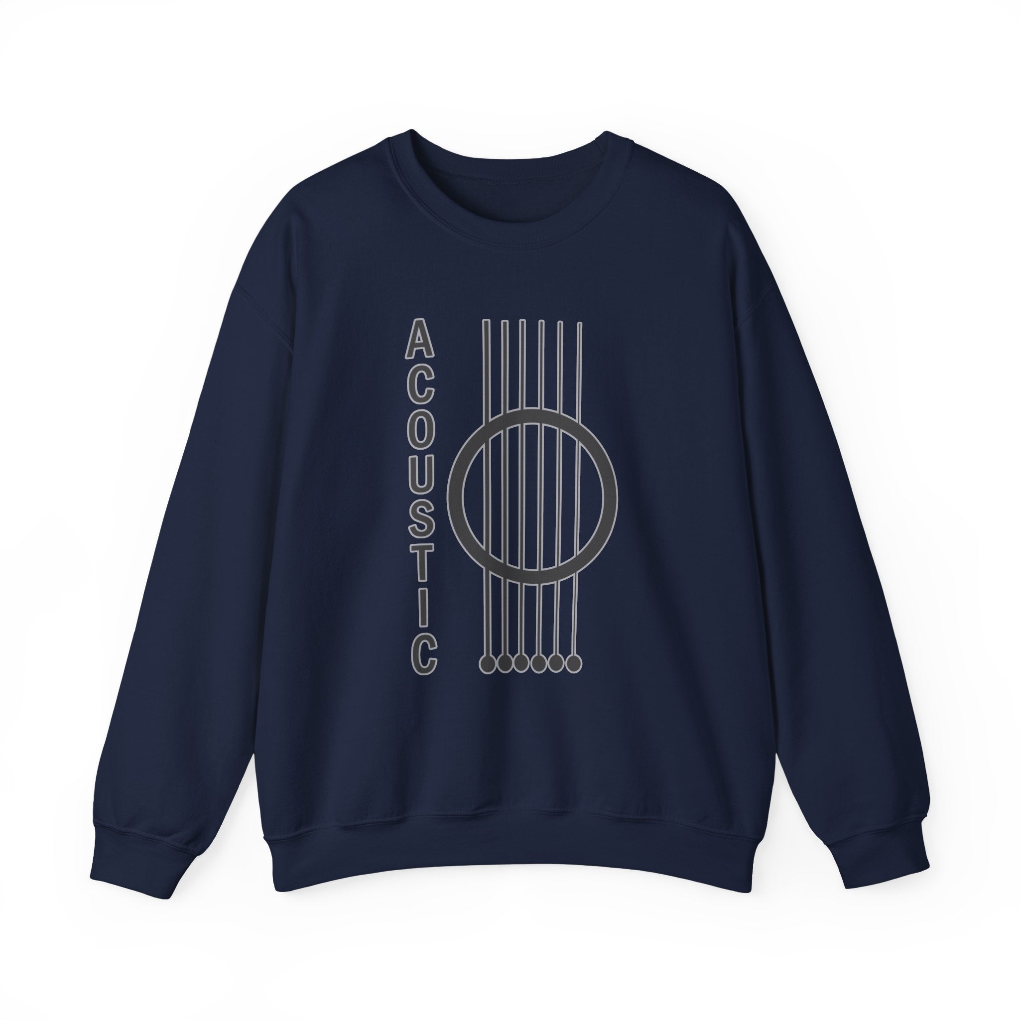 Navy blue sweatshirt with acoustic guitar design and 'Acoustic' text on a white background
