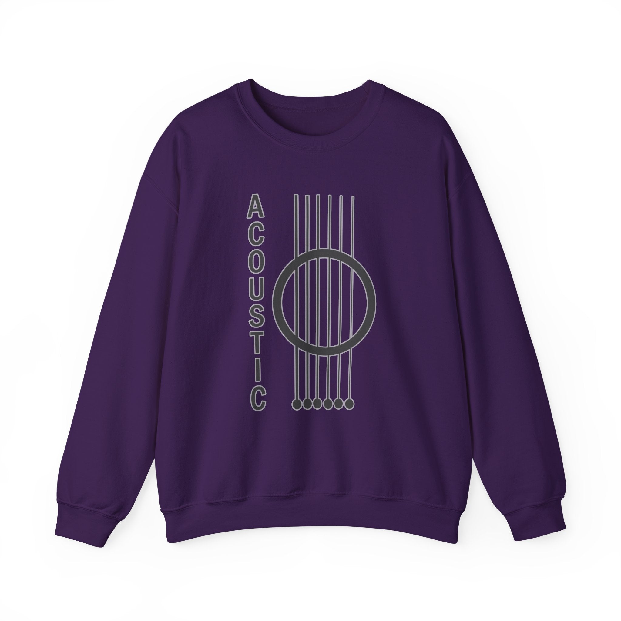 Purple sweatshirt with acoustic guitar design and 'Acoustic' text on a white background