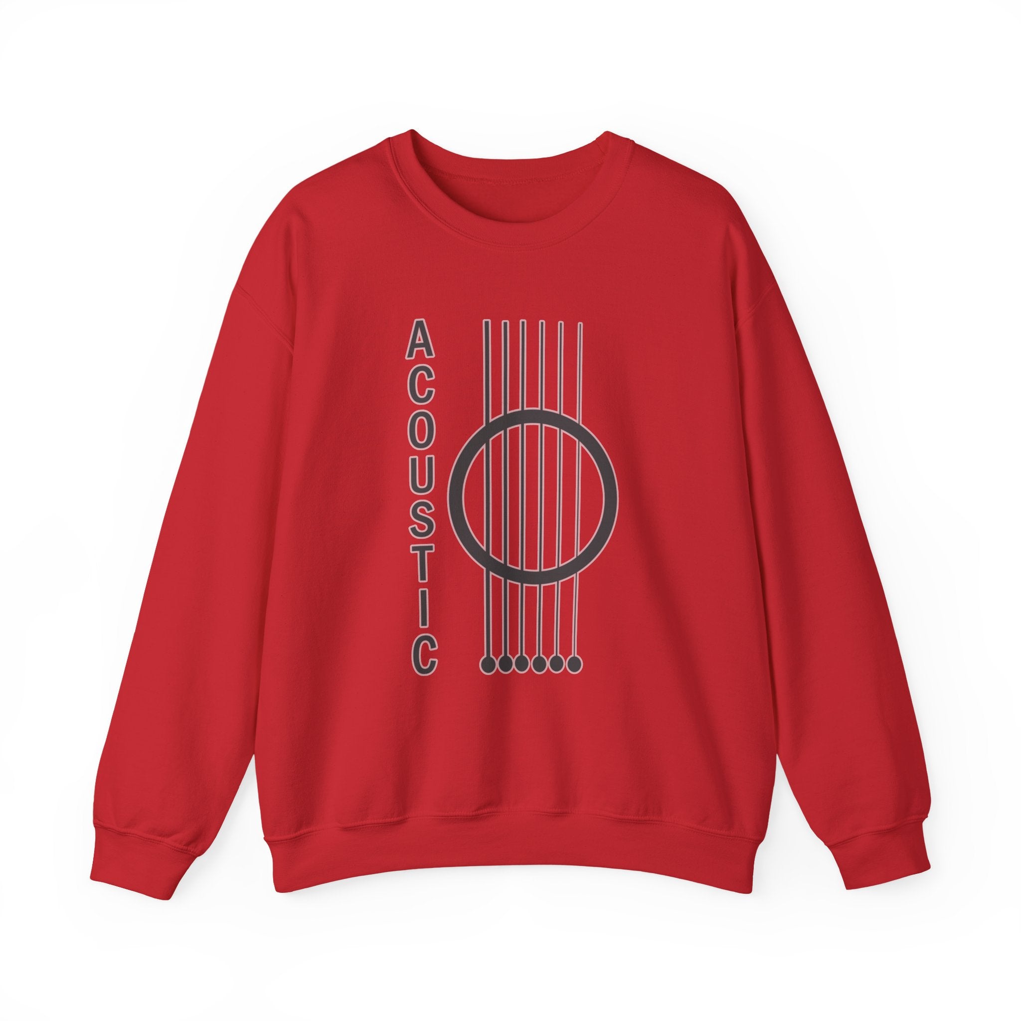 Red sweatshirt with acoustic guitar design and 'Acoustic' text on a white background