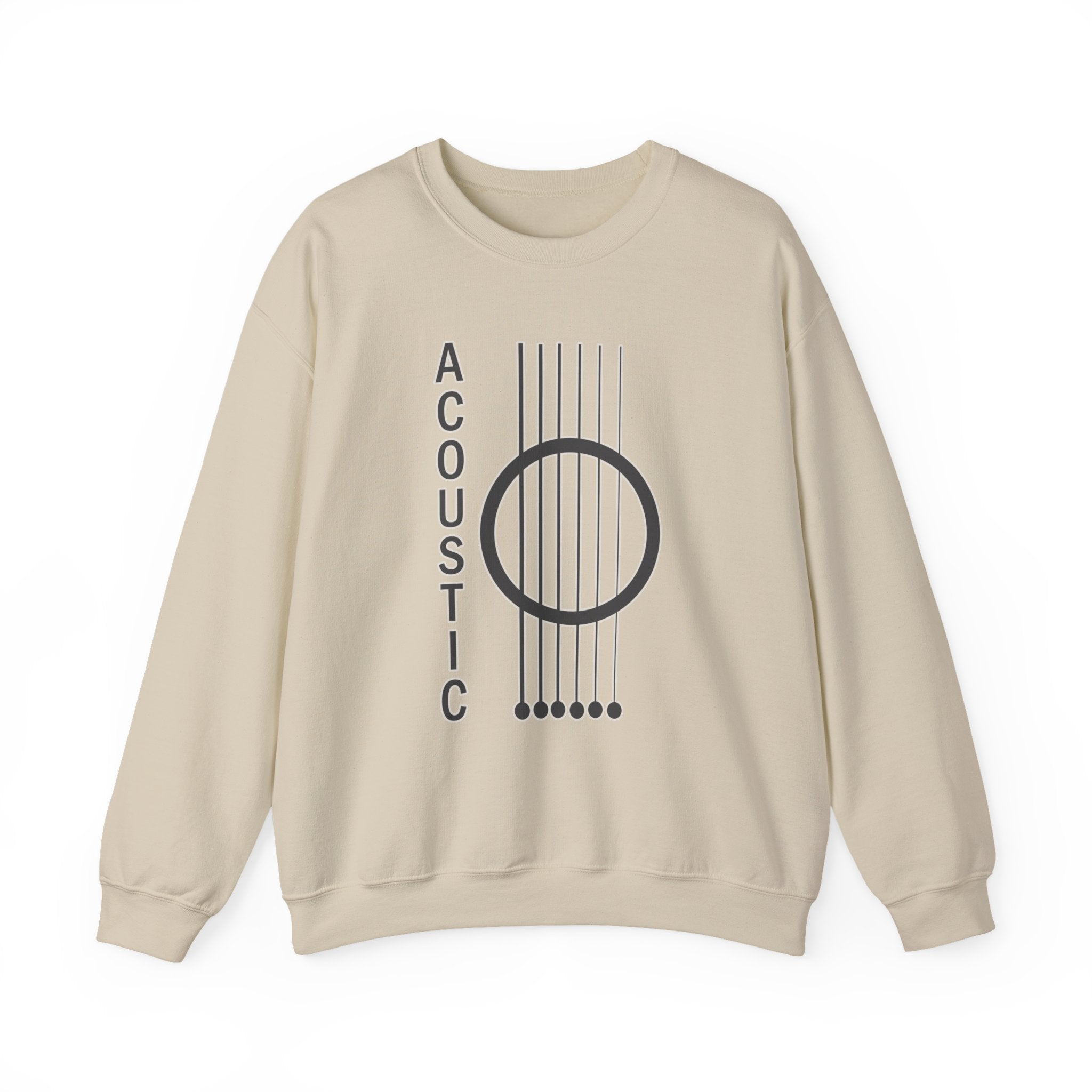 Beige sweatshirt with acoustic guitar design and 'Acoustic' text on a white background