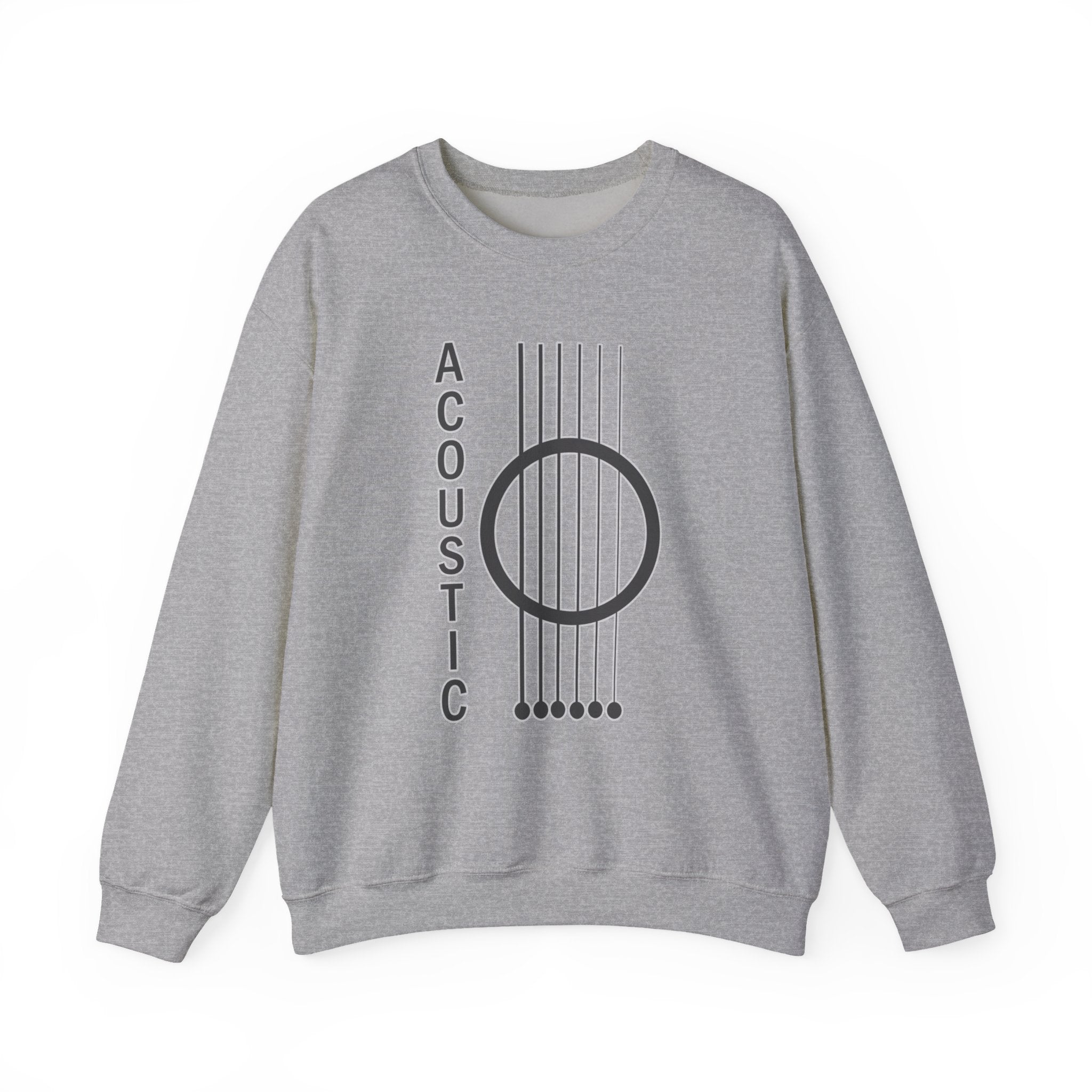 Gray sweatshirt with acoustic guitar design and 'Acoustic' text on a white background