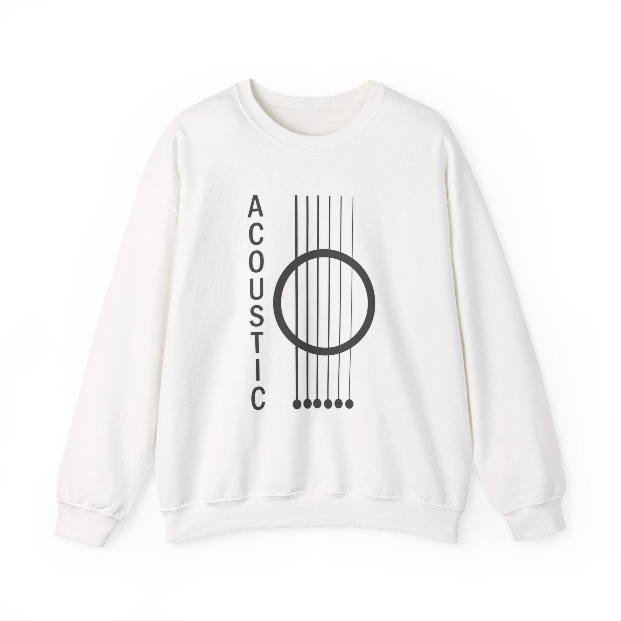 White sweatshirt with 'Acoustic' design on a white background