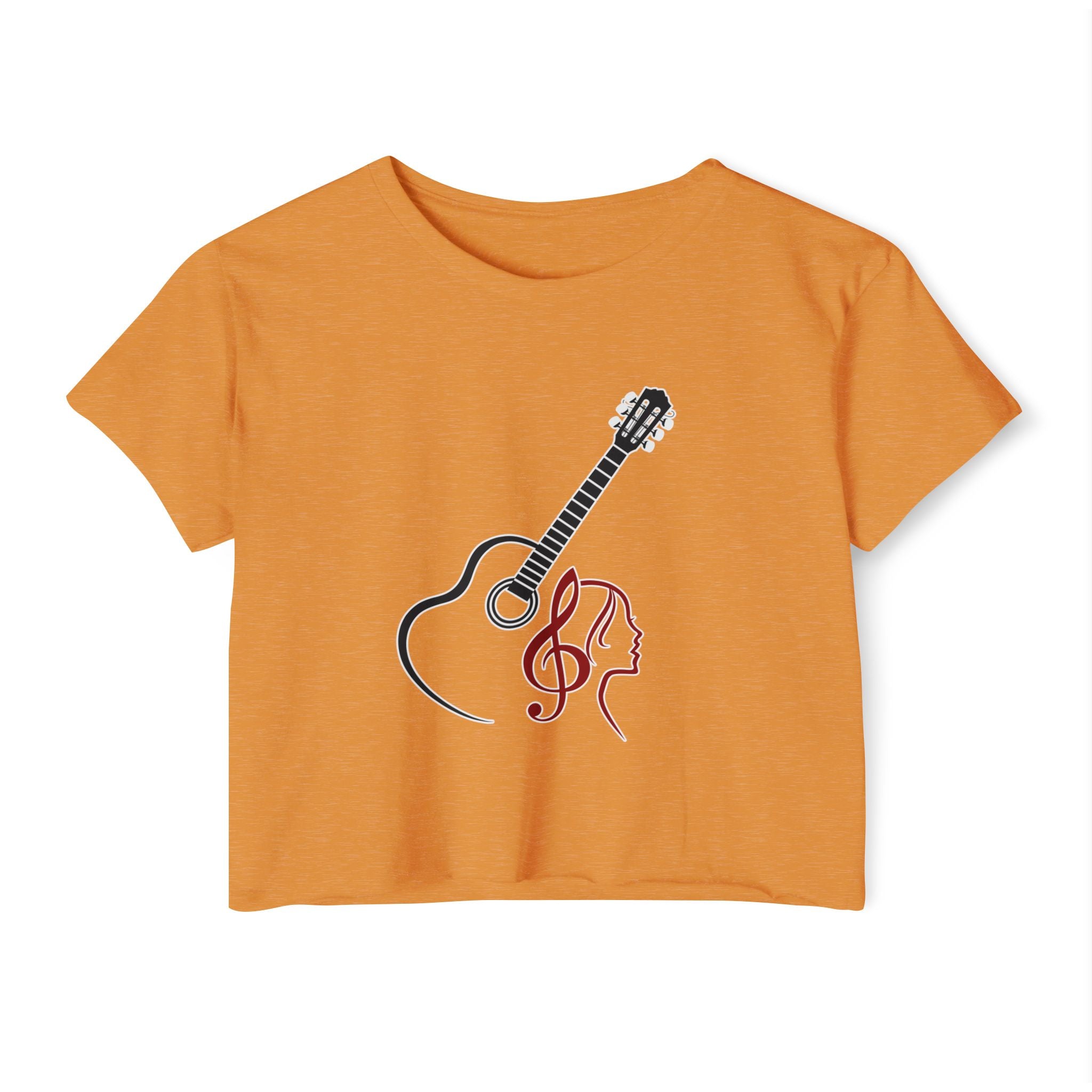 Antique gold orange t-shirt with a guitar and musical note design on a white background