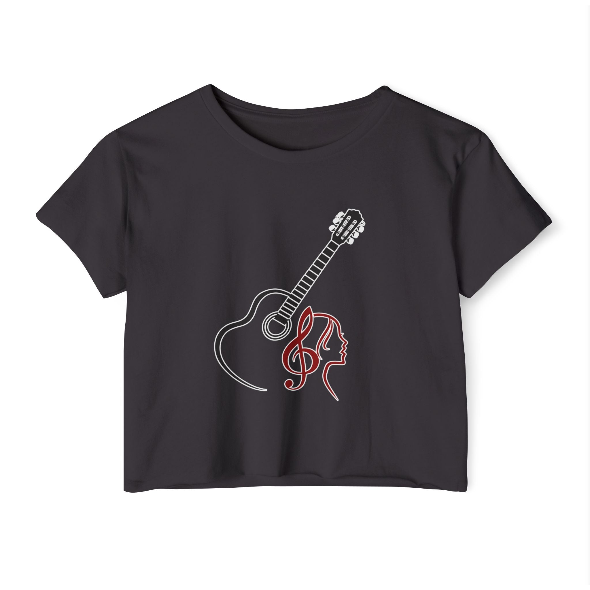 Black t-shirt with a guitar and musical note design on a white background