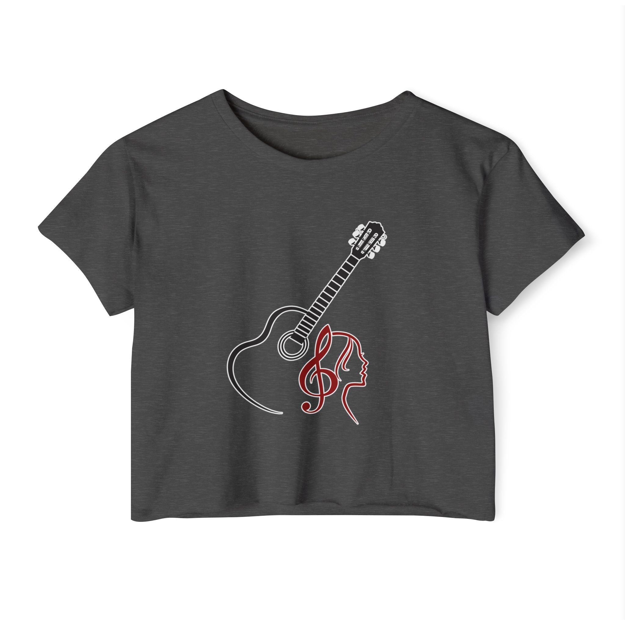 Charcoal gray t-shirt with a graphic design of a guitar and a face on a white background