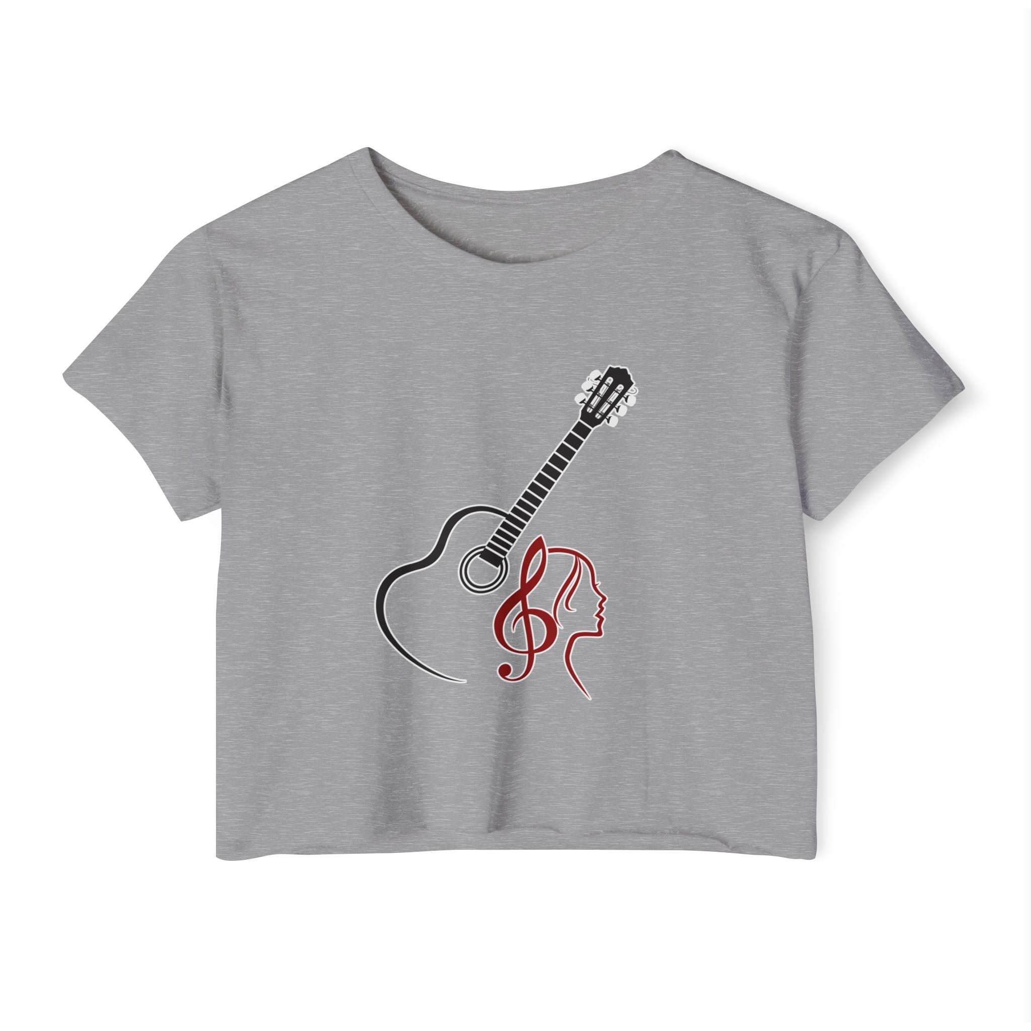 Gray t-shirt with a guitar and musical note design on a white background