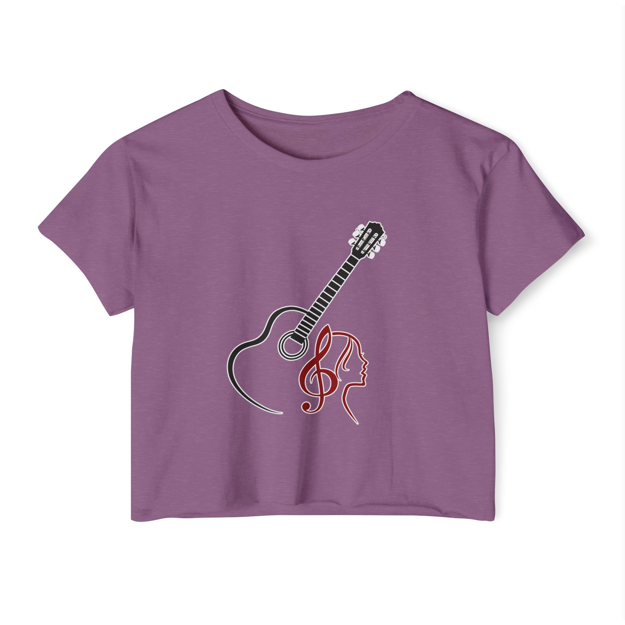 Shiraz purple t-shirt with a guitar and music note design on a white background