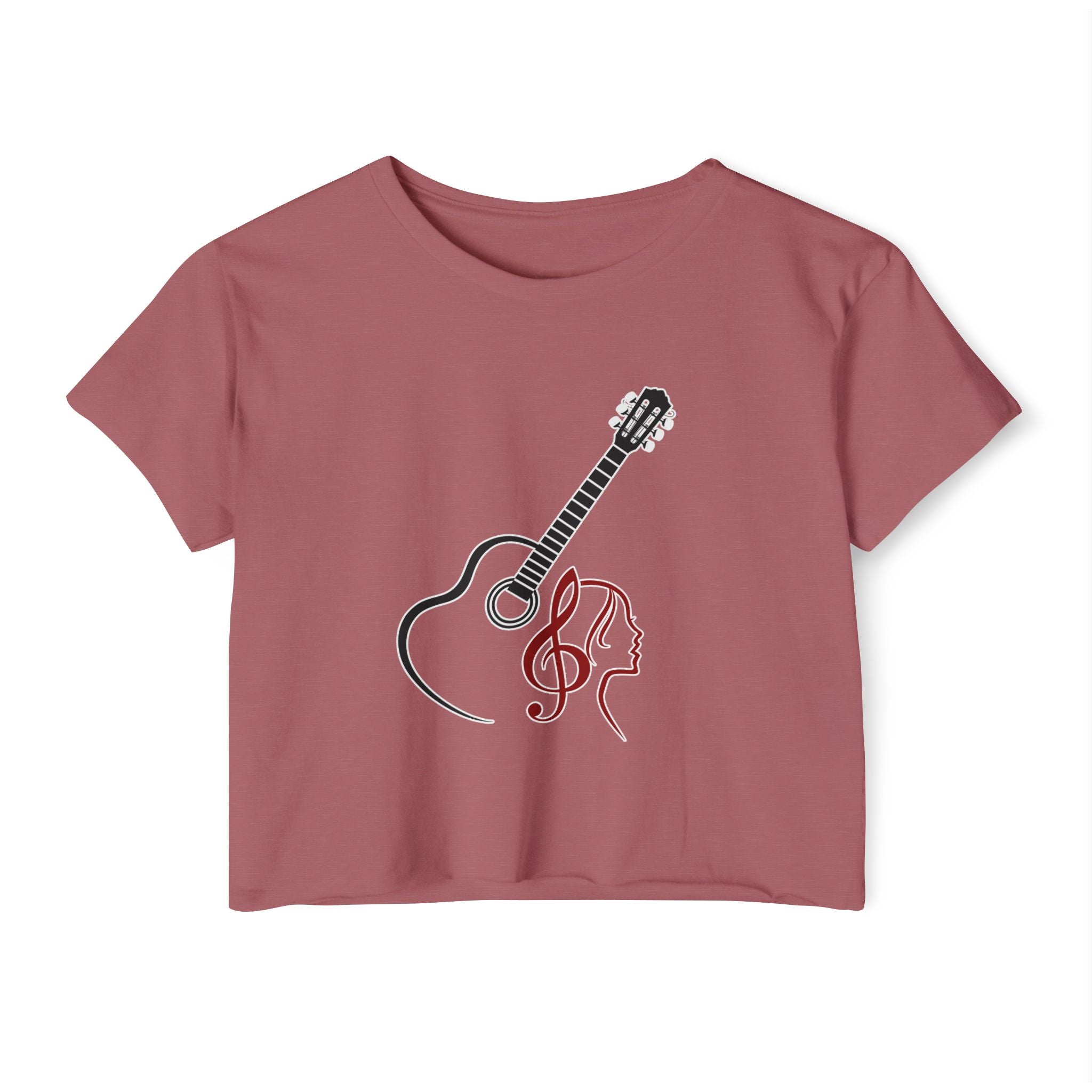 Smoked paprika t-shirt with guitar and musical note design on a white background