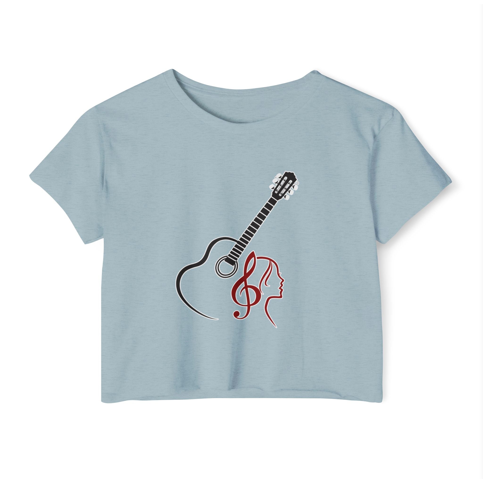 Stonewash denim light blue crop top with guitar and treble clef design on a white background