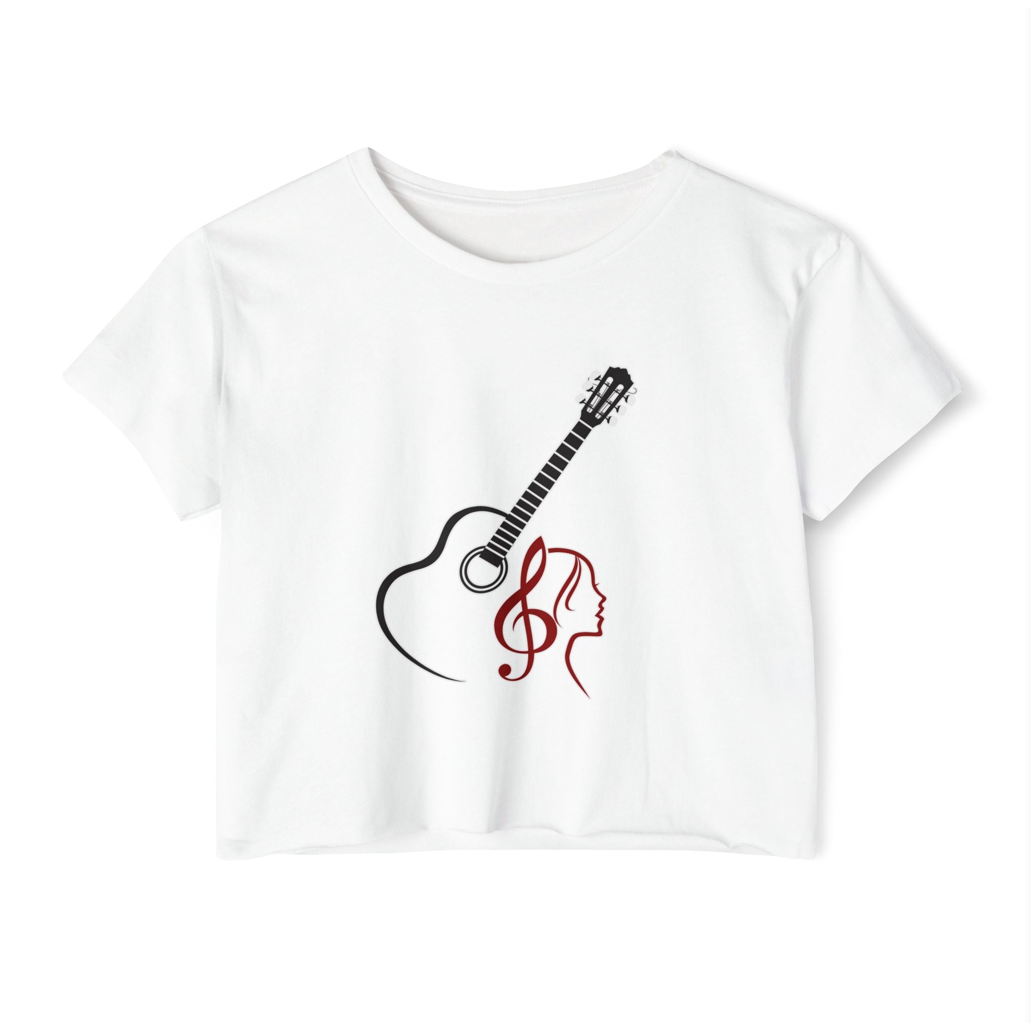 White t-shirt with a black and red guitar and treble clef design on a white background