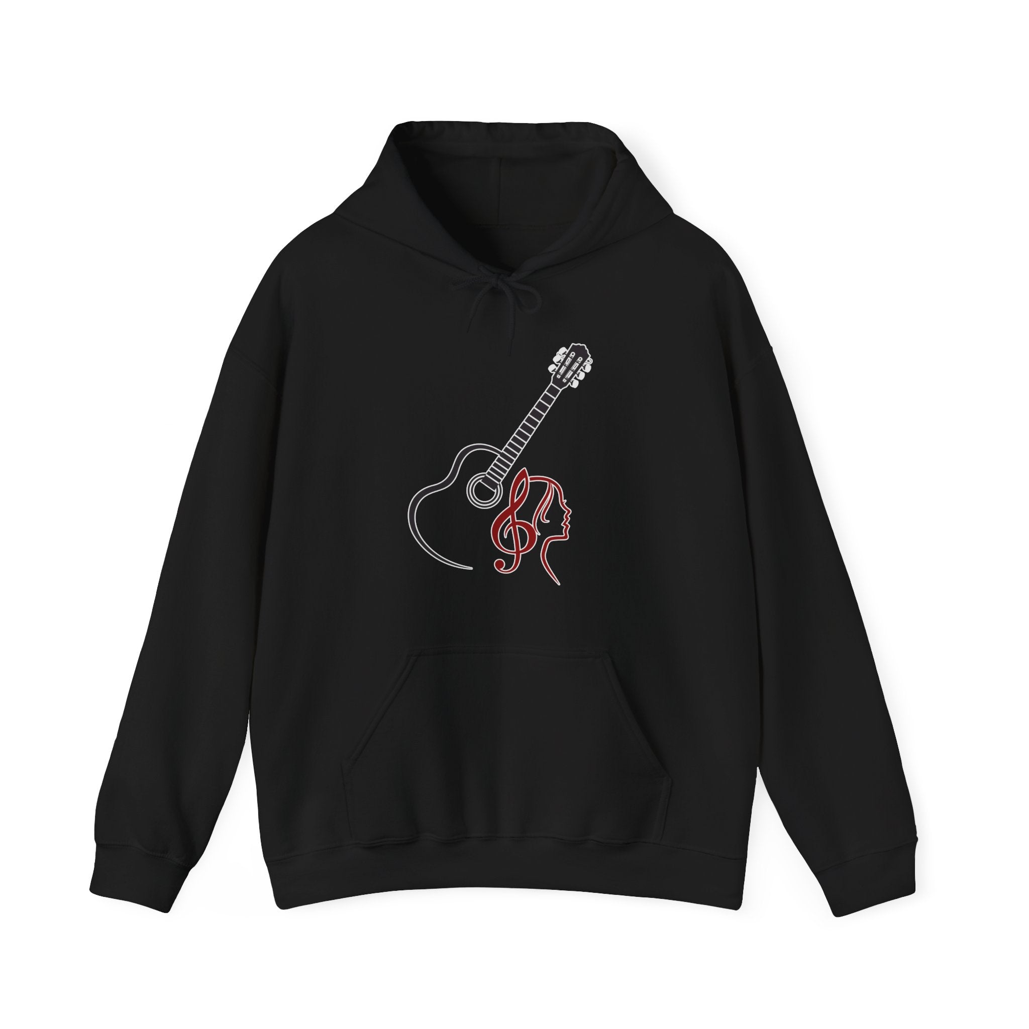 Black hoodie with guitar and treble clef design on a white background