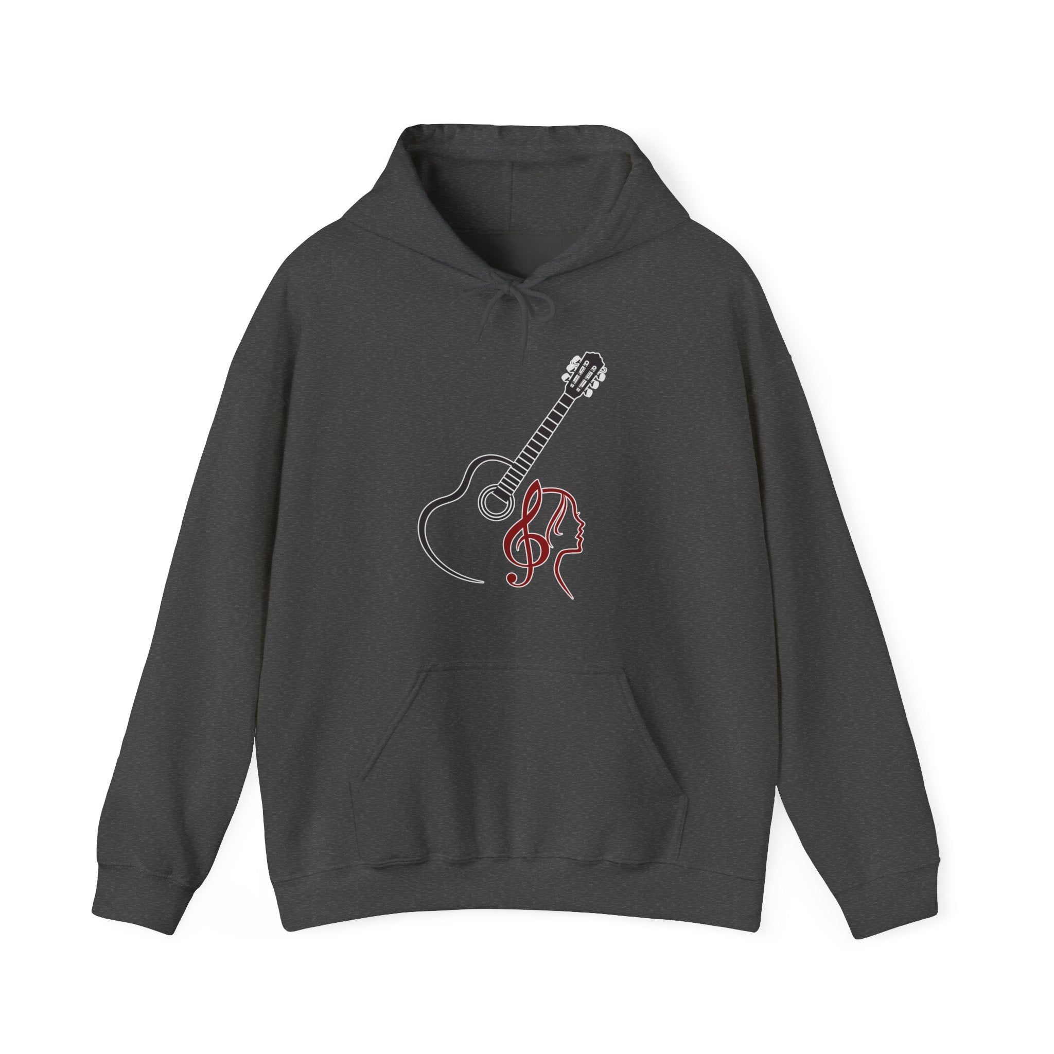 Dark gray hoodie with a guitar and treble clef design on a white background