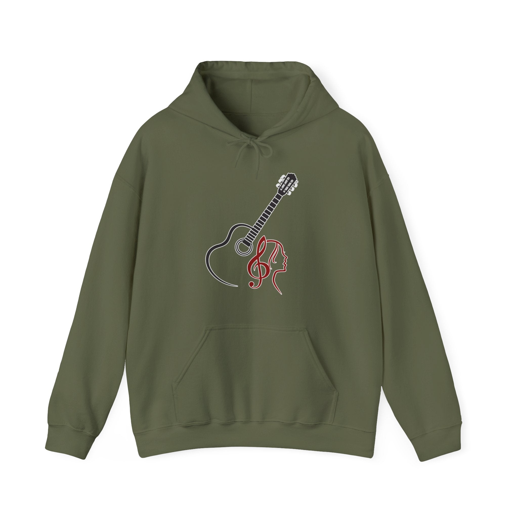 Military green hoodie with guitar and treble clef design on a white background