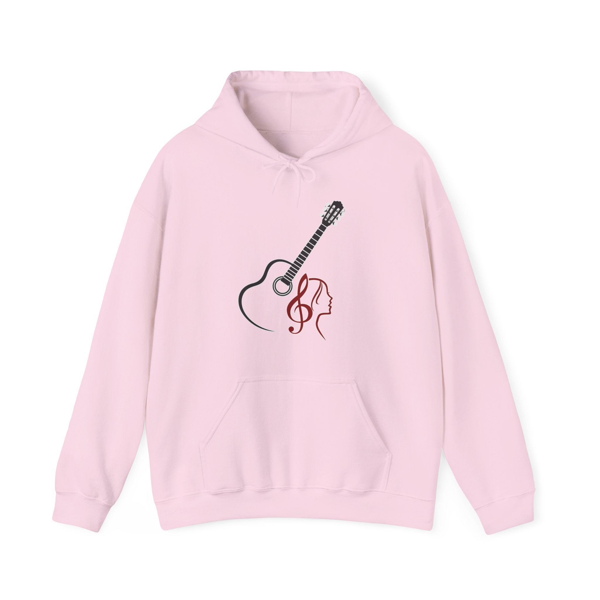 Pink hoodie with a guitar and treble clef design on a white background
