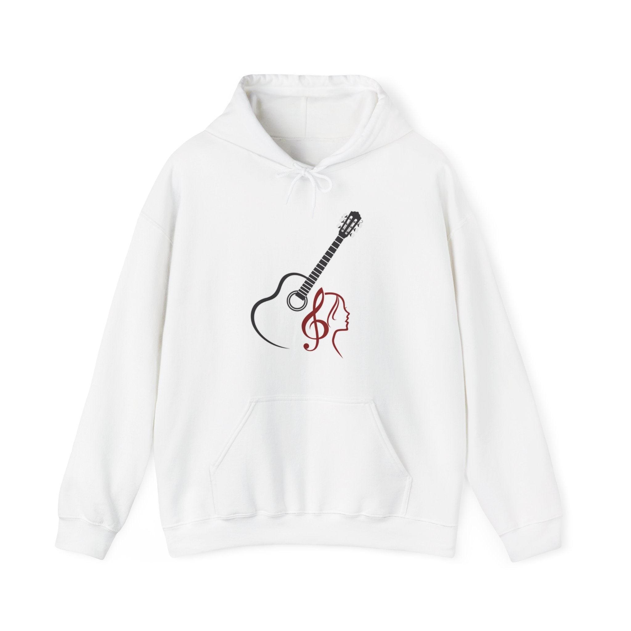 White hoodie with a guitar and treble clef design on a white background