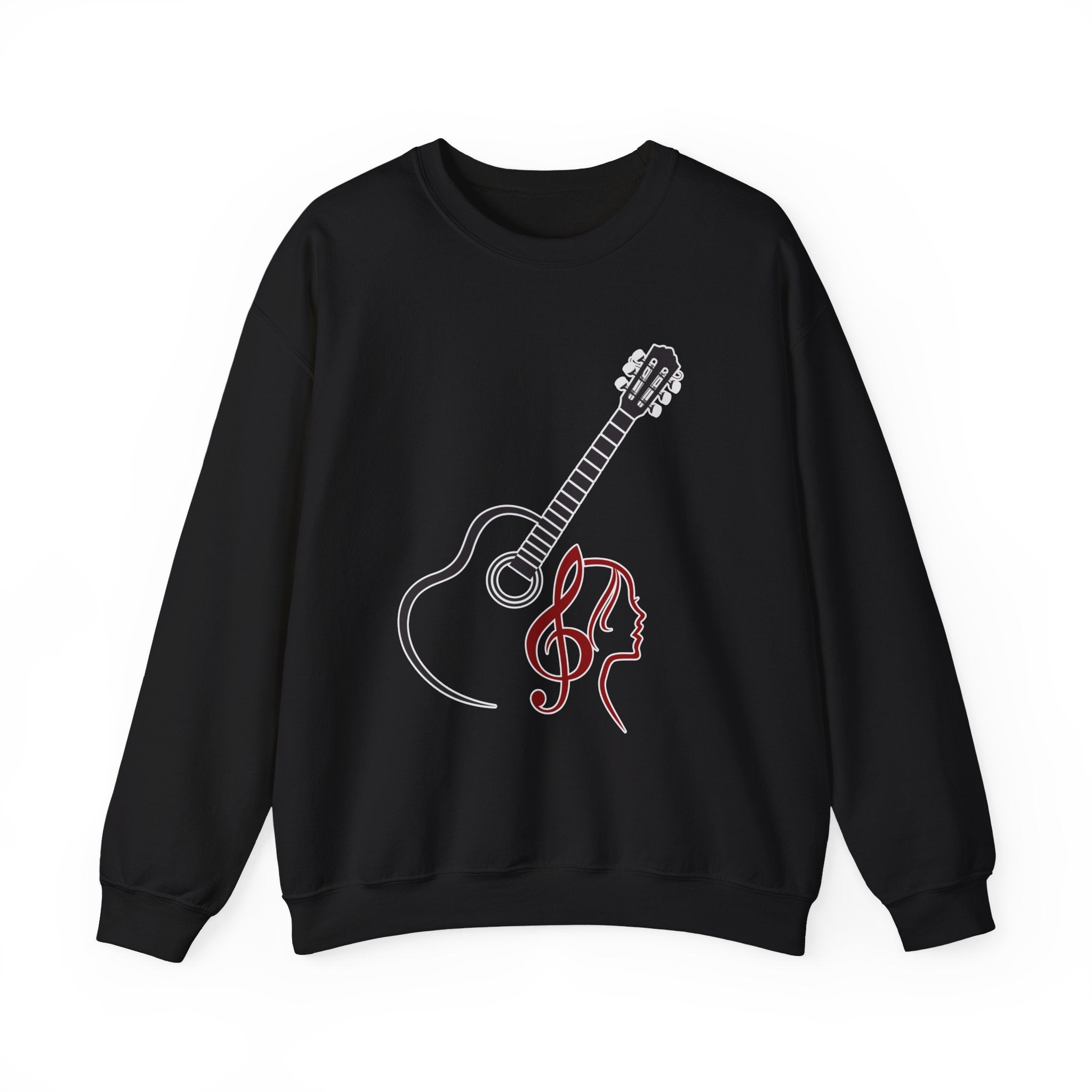 Black sweatshirt with a guitar and musical note design on a white background