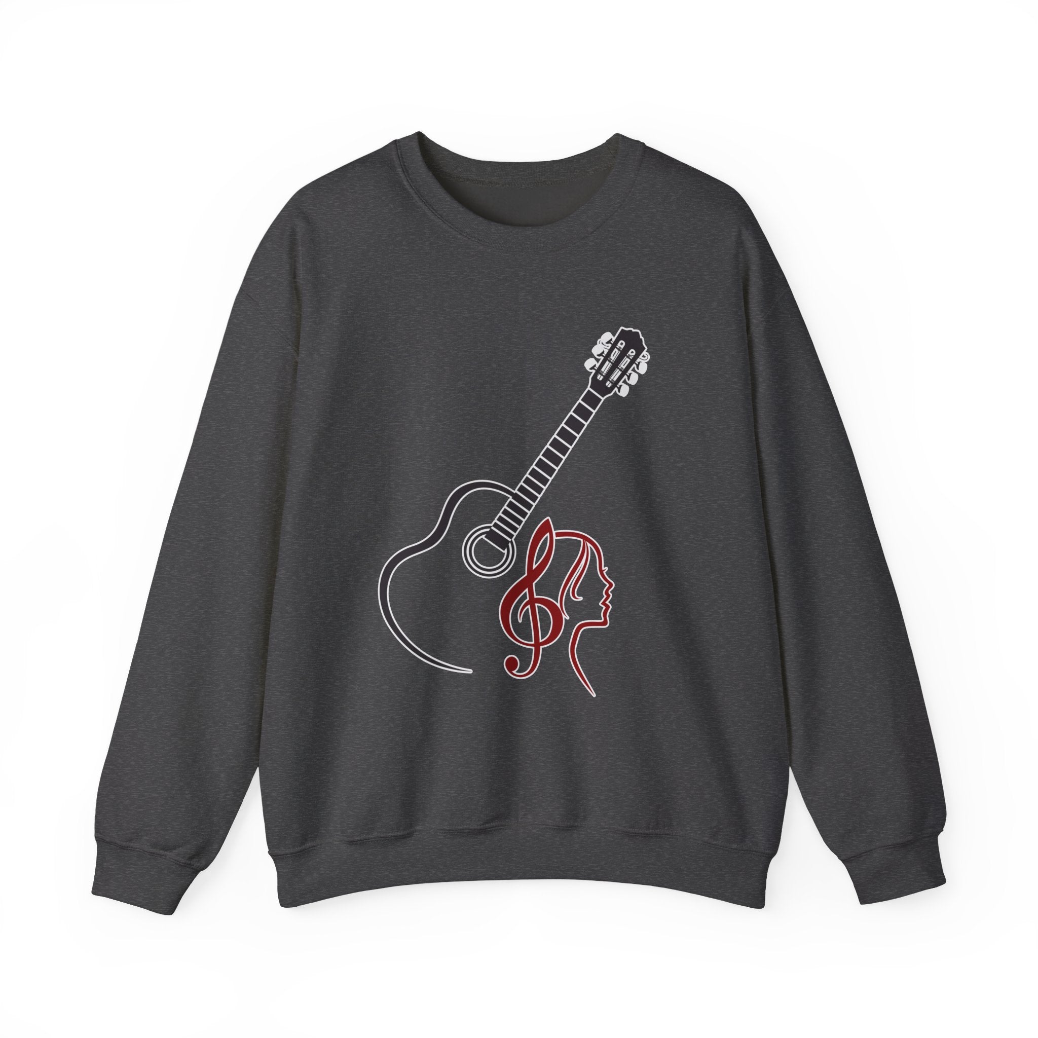 Dark heather sweatshirt with a guitar and musical note design on a white background