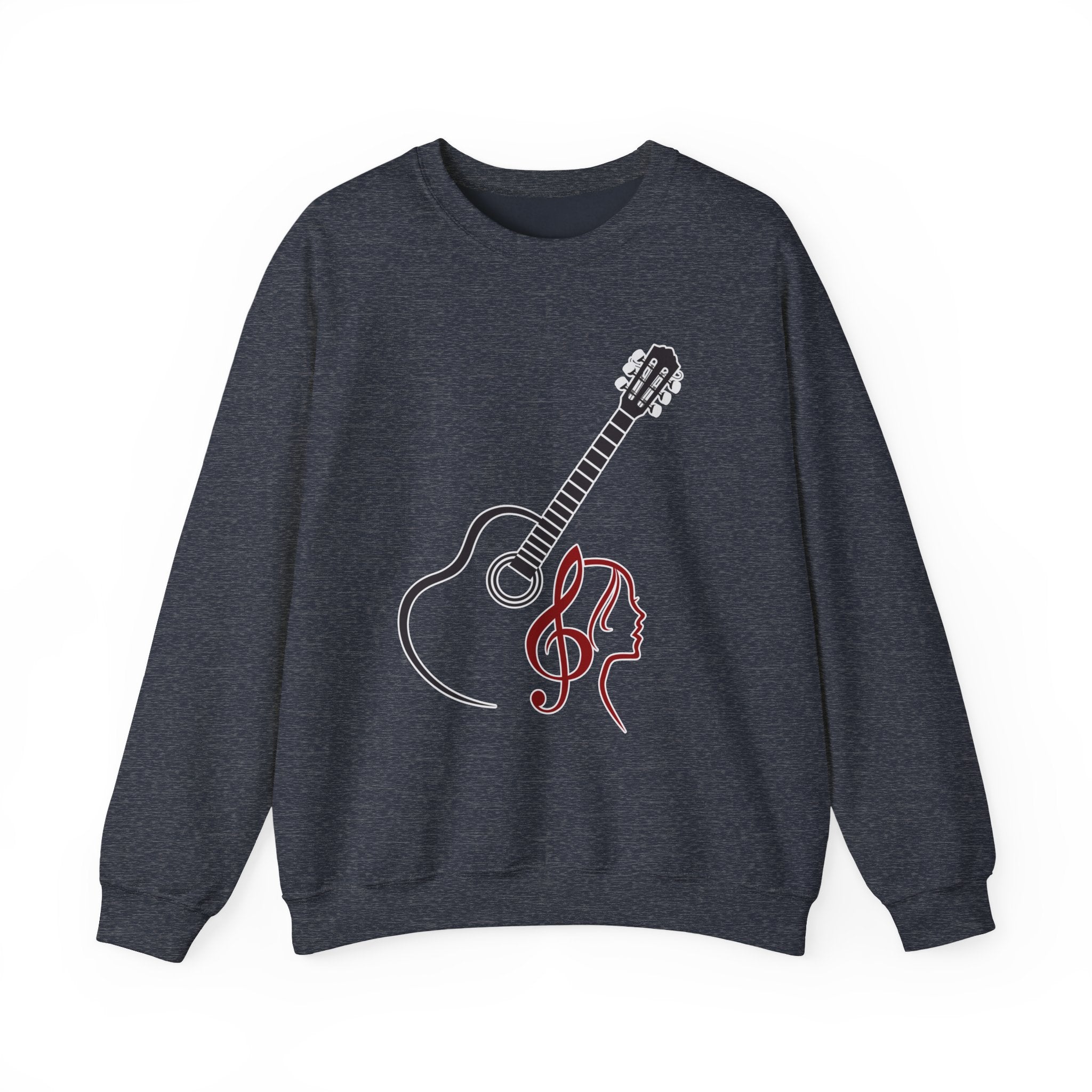 Heather sport dark navy gray sweatshirt with a guitar and musical note design on a white background