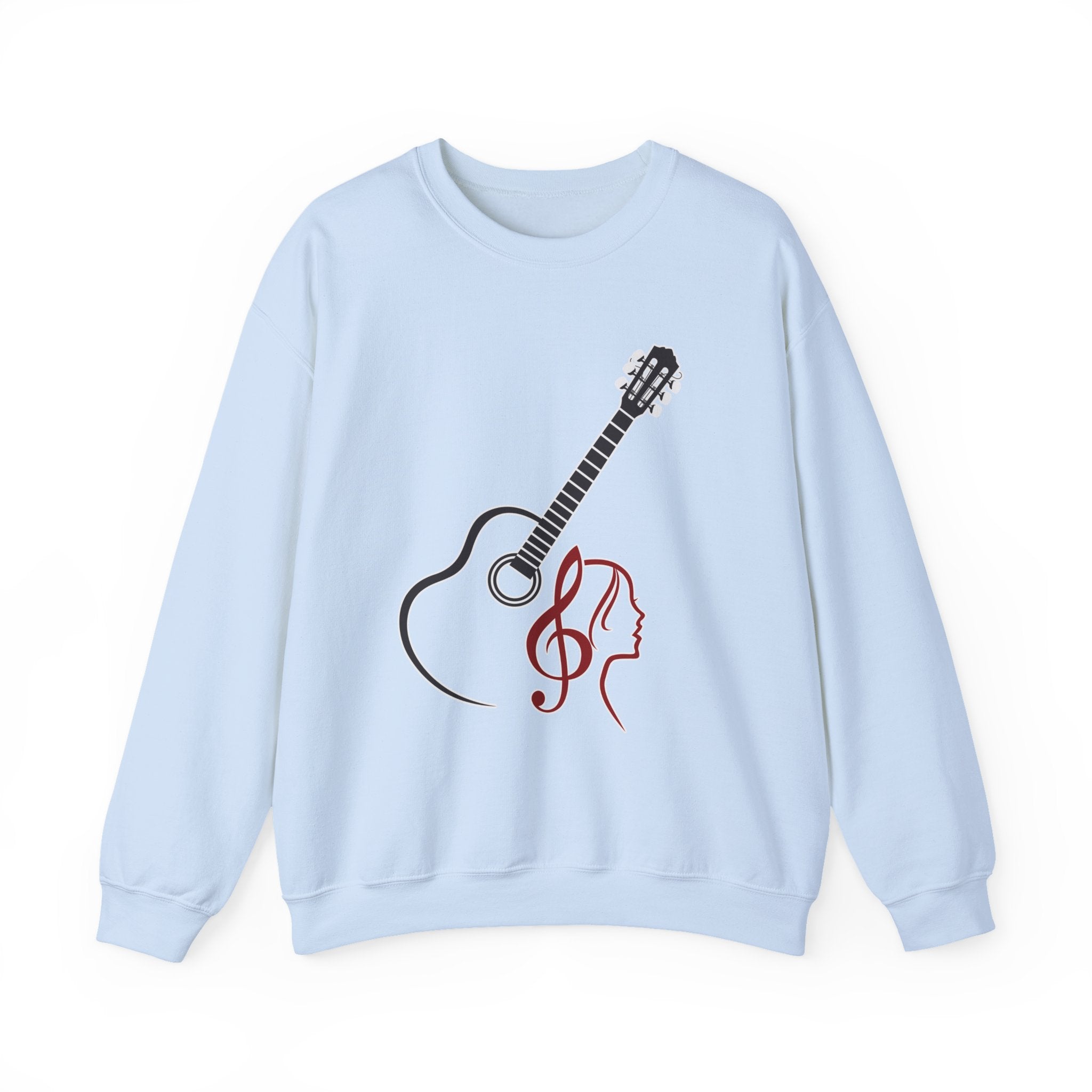 Light blue sweatshirt with a guitar and treble clef design on a white background