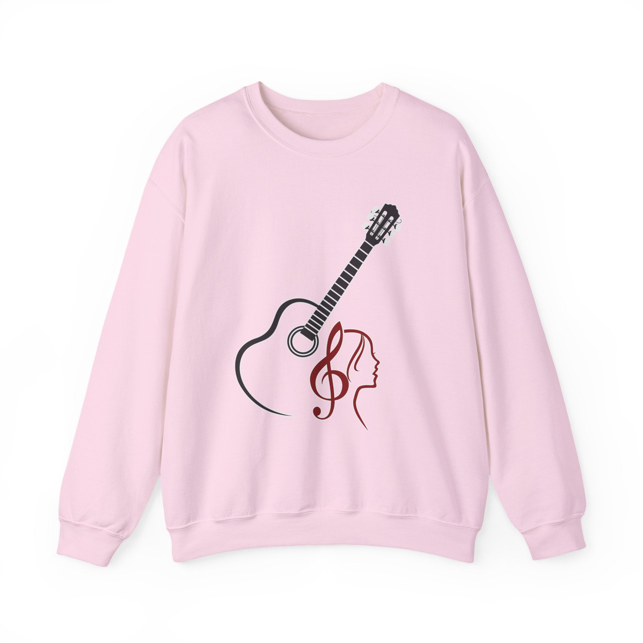 Light pink sweatshirt with guitar and treble clef design on a white background