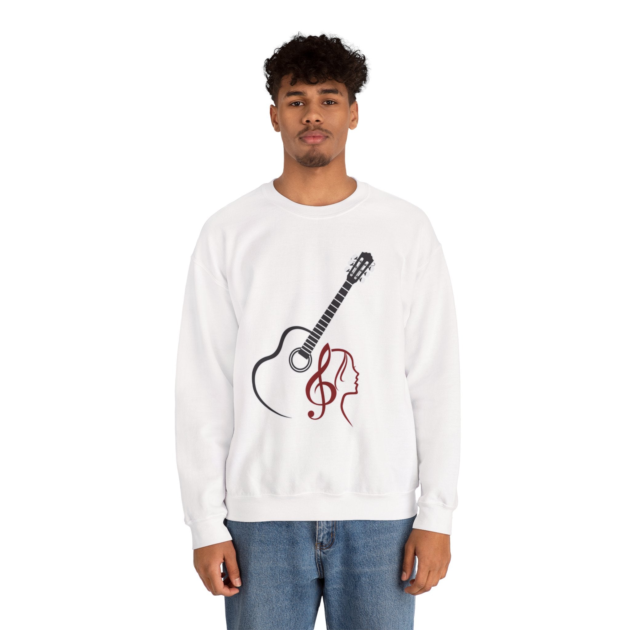 Person wearing a white sweatshirt with a guitar and treble clef design on a white background