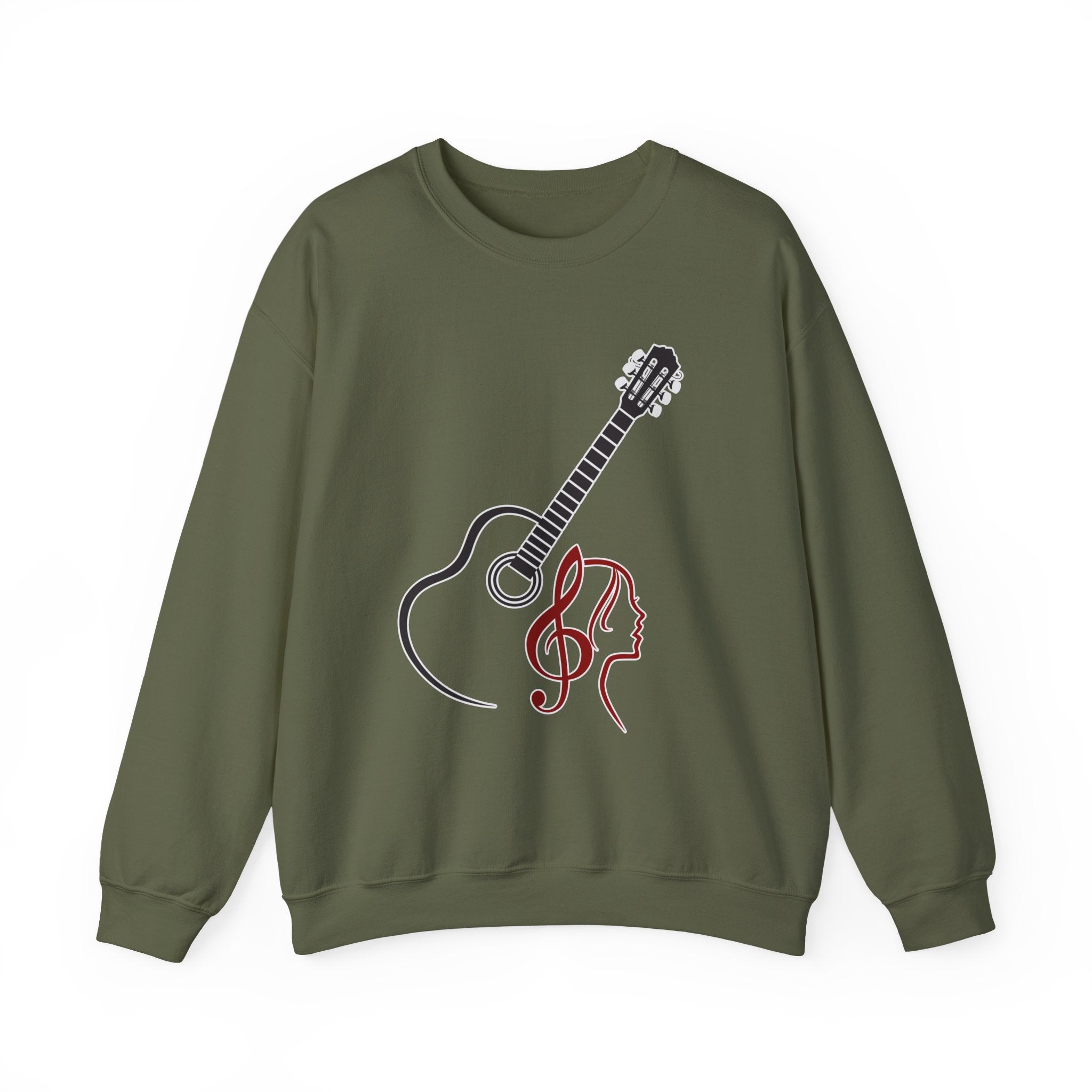 Military green sweatshirt with a guitar and music note design on a white background