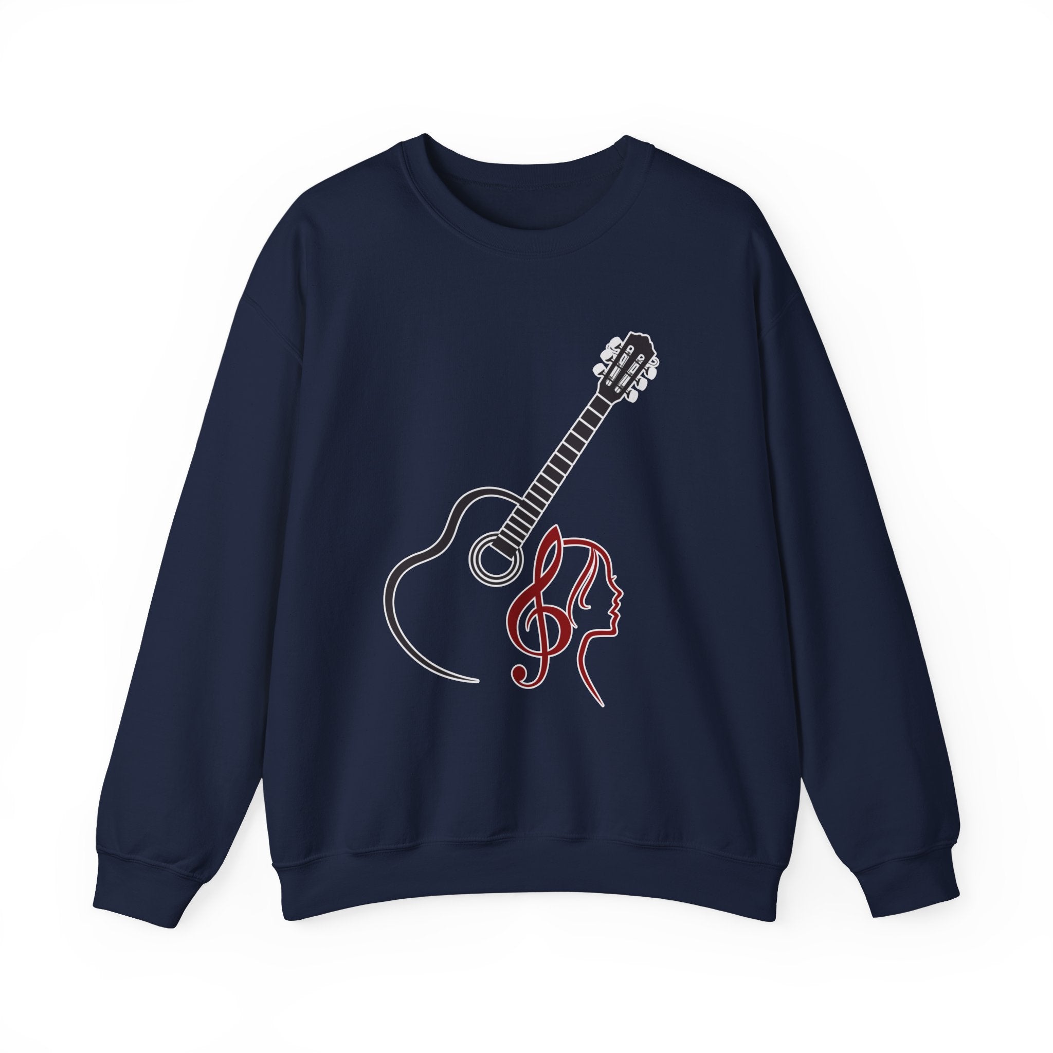 Navy blue sweatshirt with a guitar and musical note design on a white background