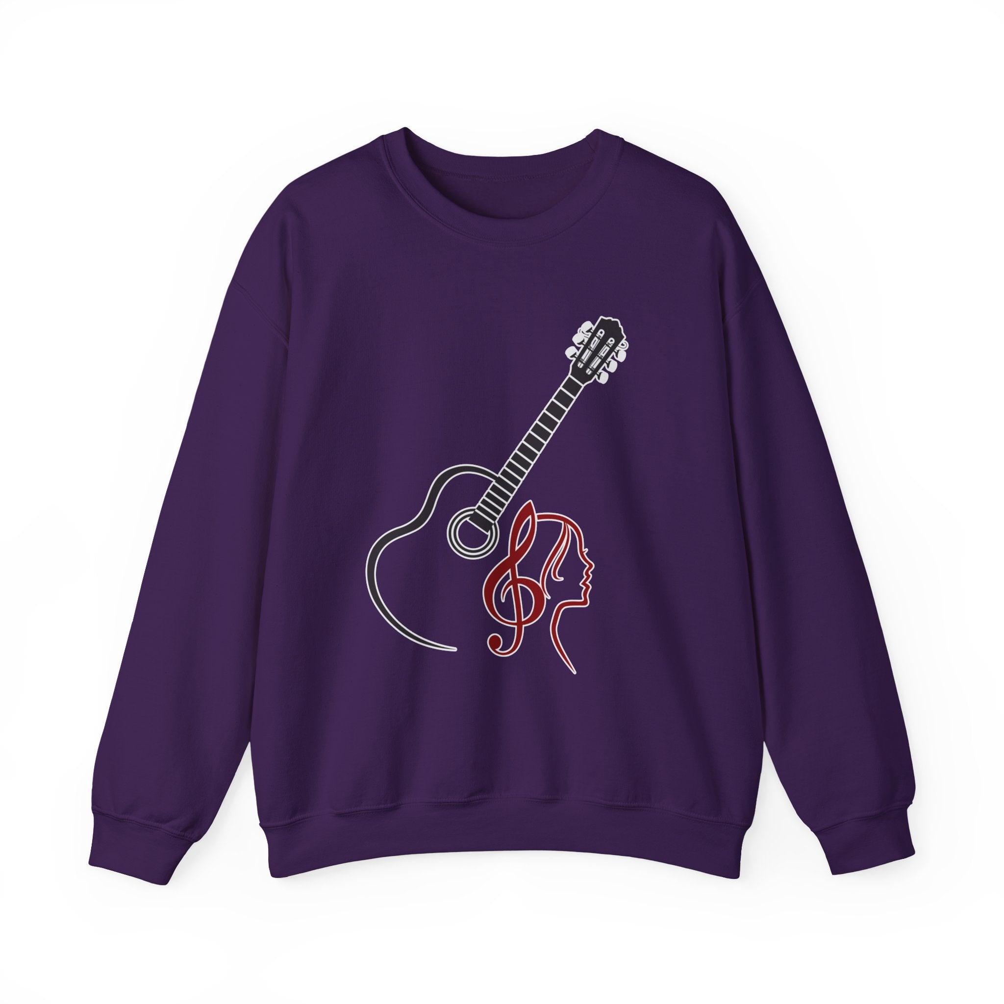 Purple sweatshirt with guitar and musical note design on a white background