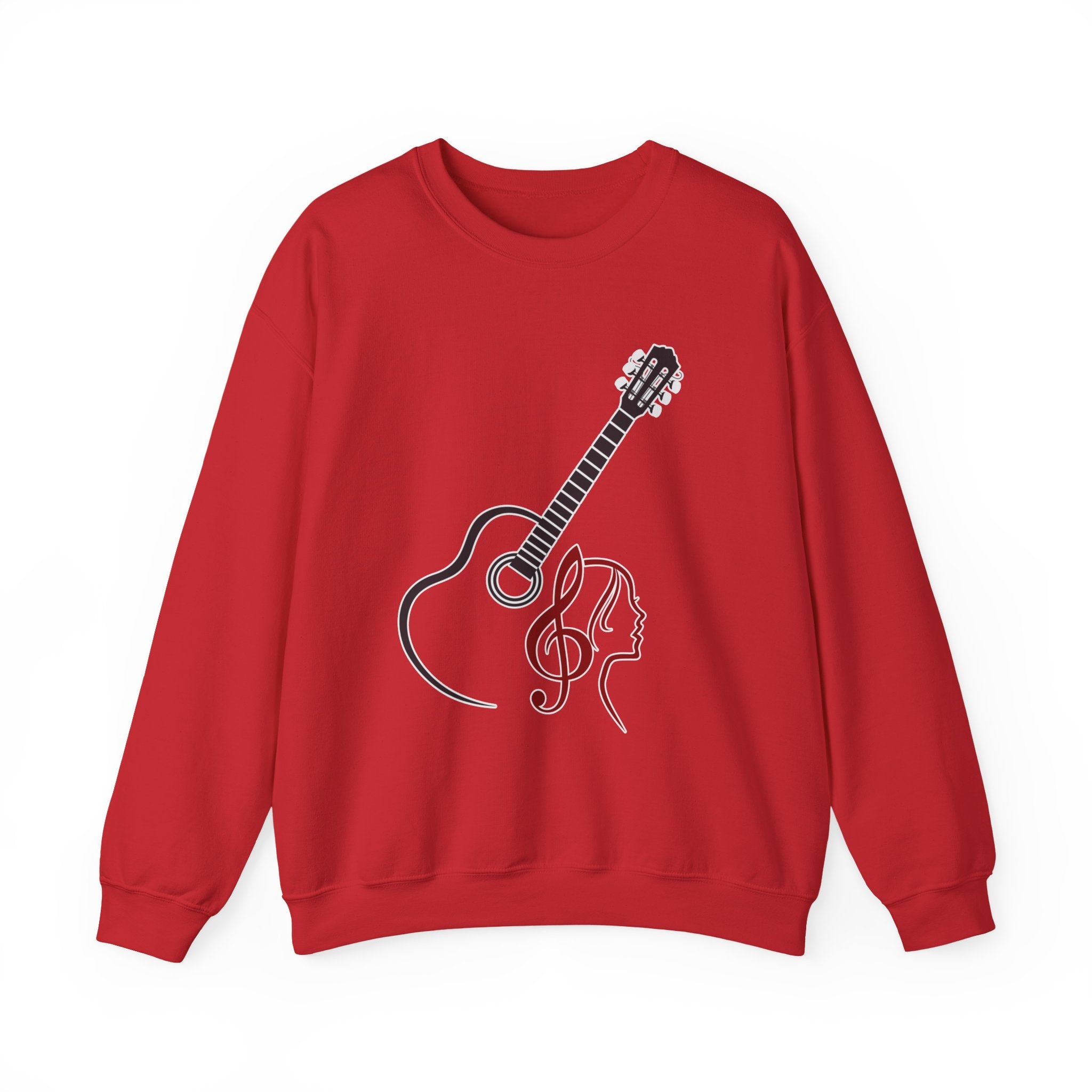 Red sweatshirt with a guitar and musical note design on a white background