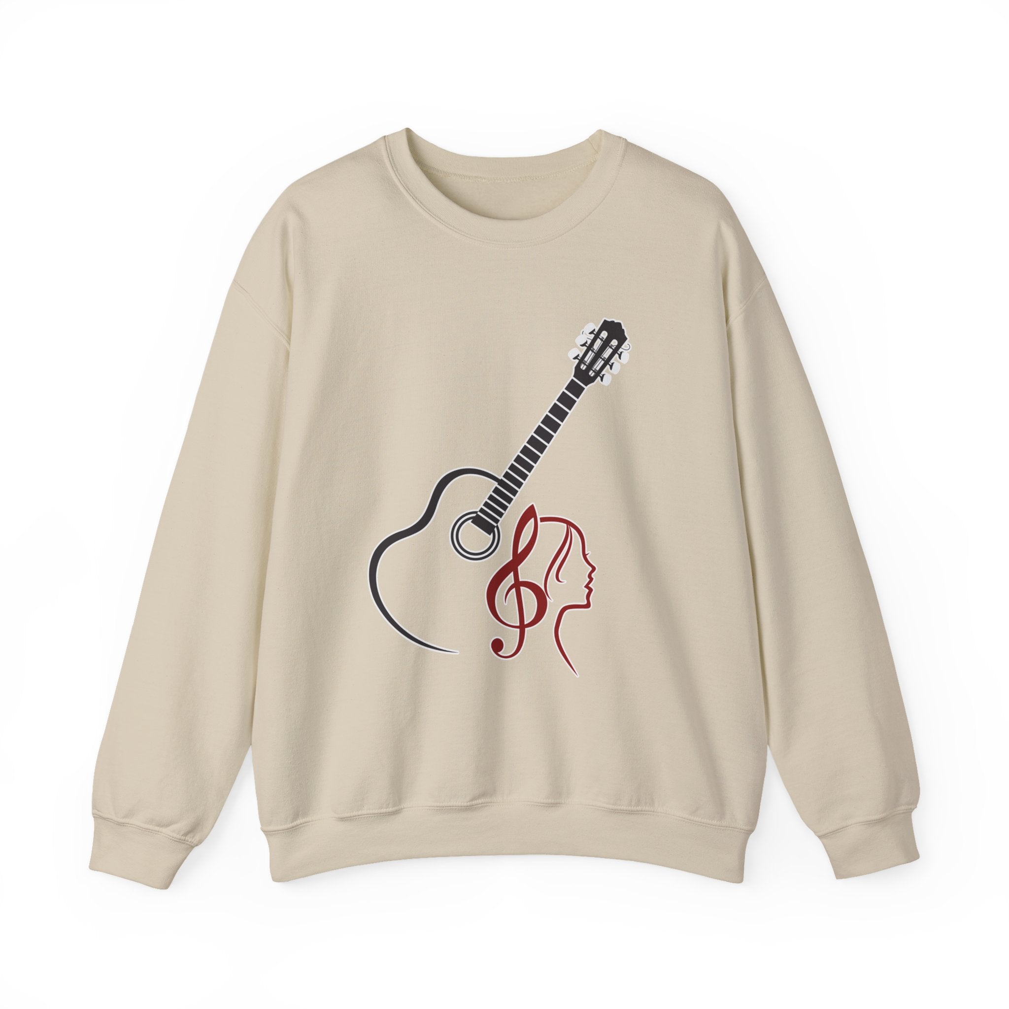 Beige sweatshirt with a guitar and musical note design on a white background