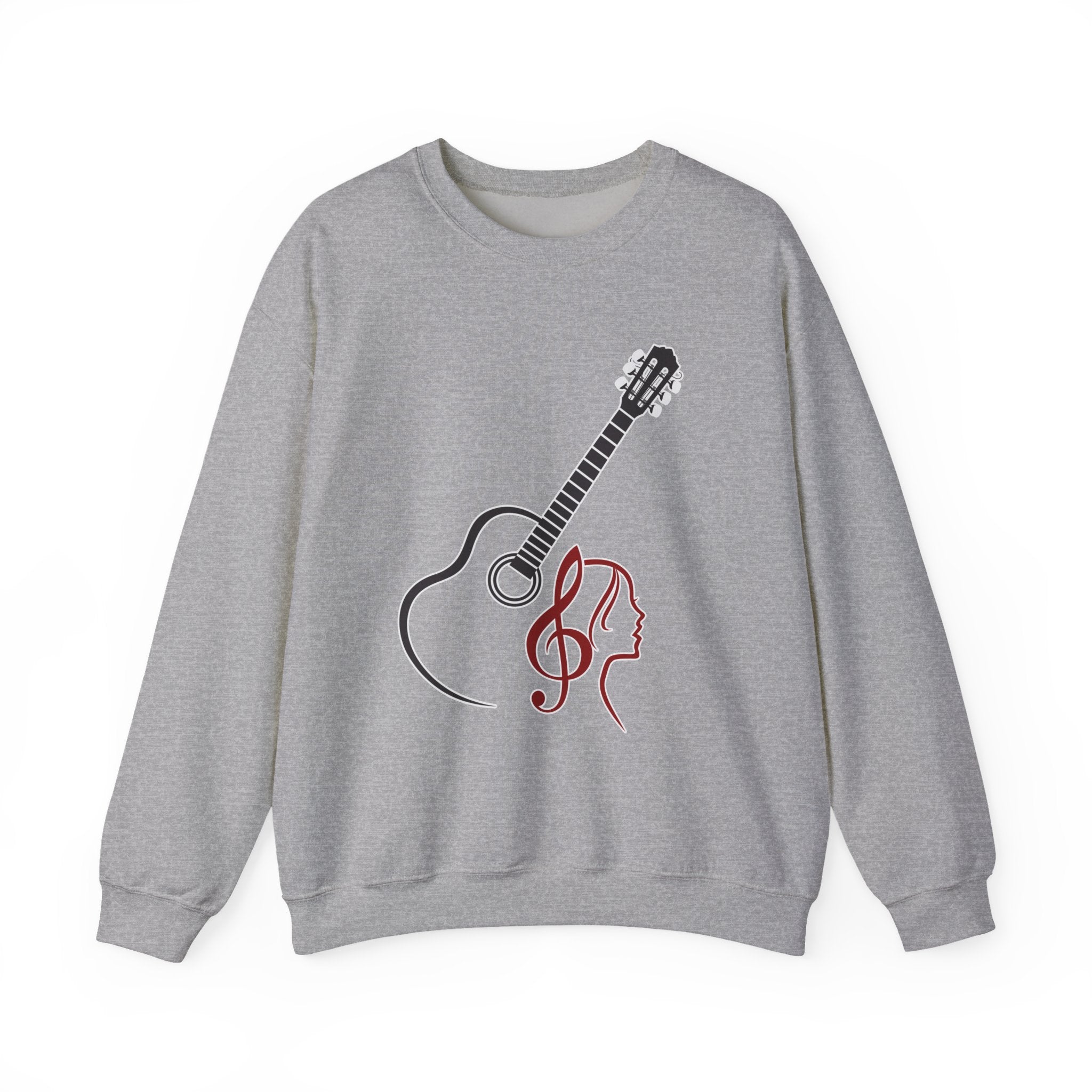 Gray sweatshirt with a guitar and music note design on a white background