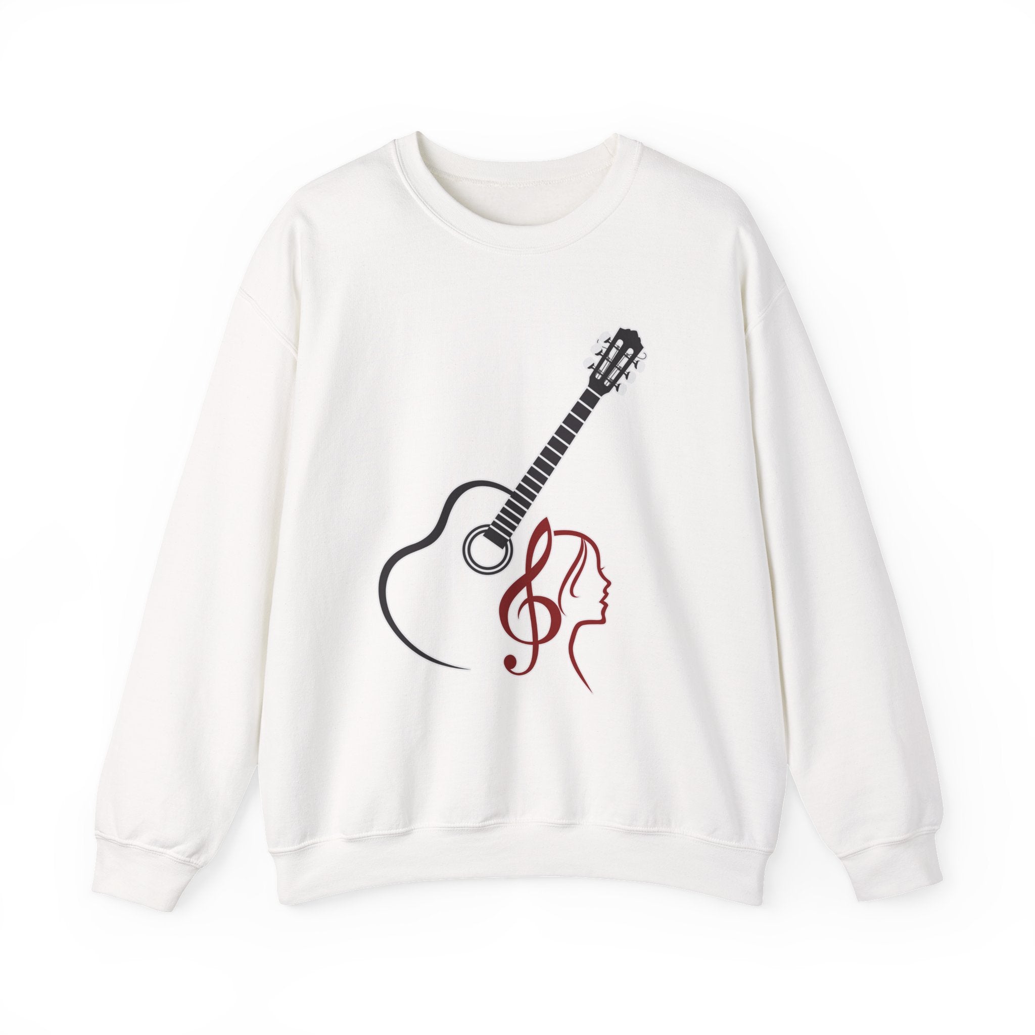 White sweatshirt with a guitar and treble clef design on a white background