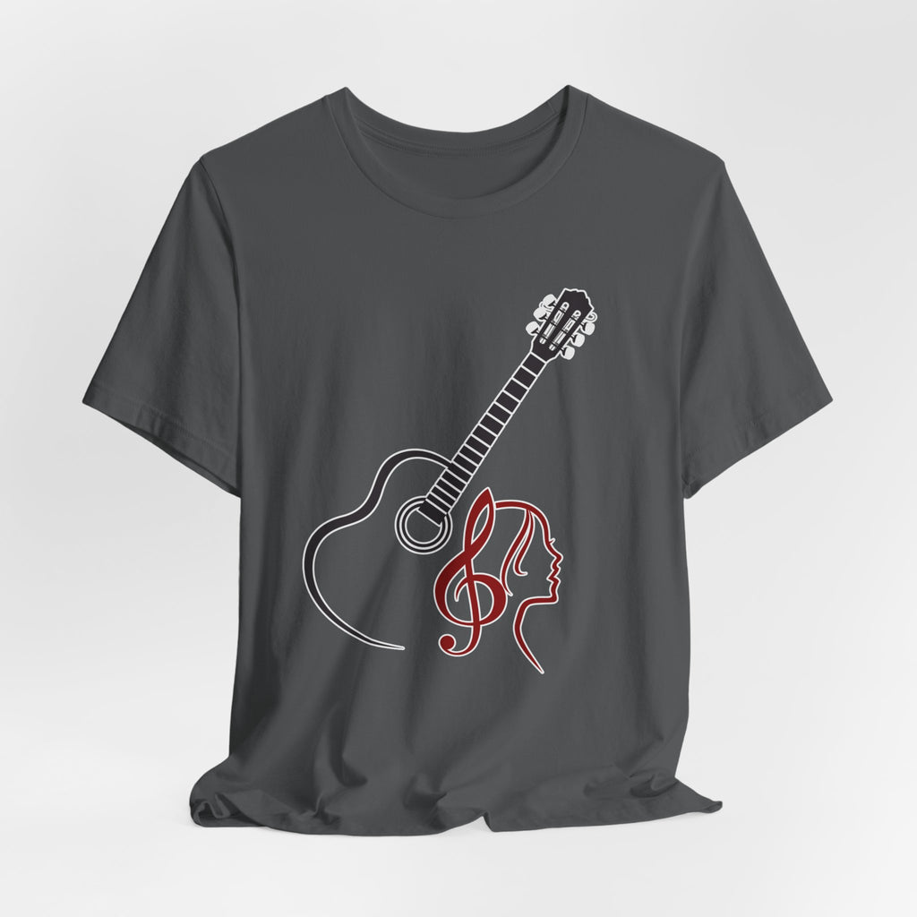 Asphalt gray t-shirt with guitar and musical note design on a gray background