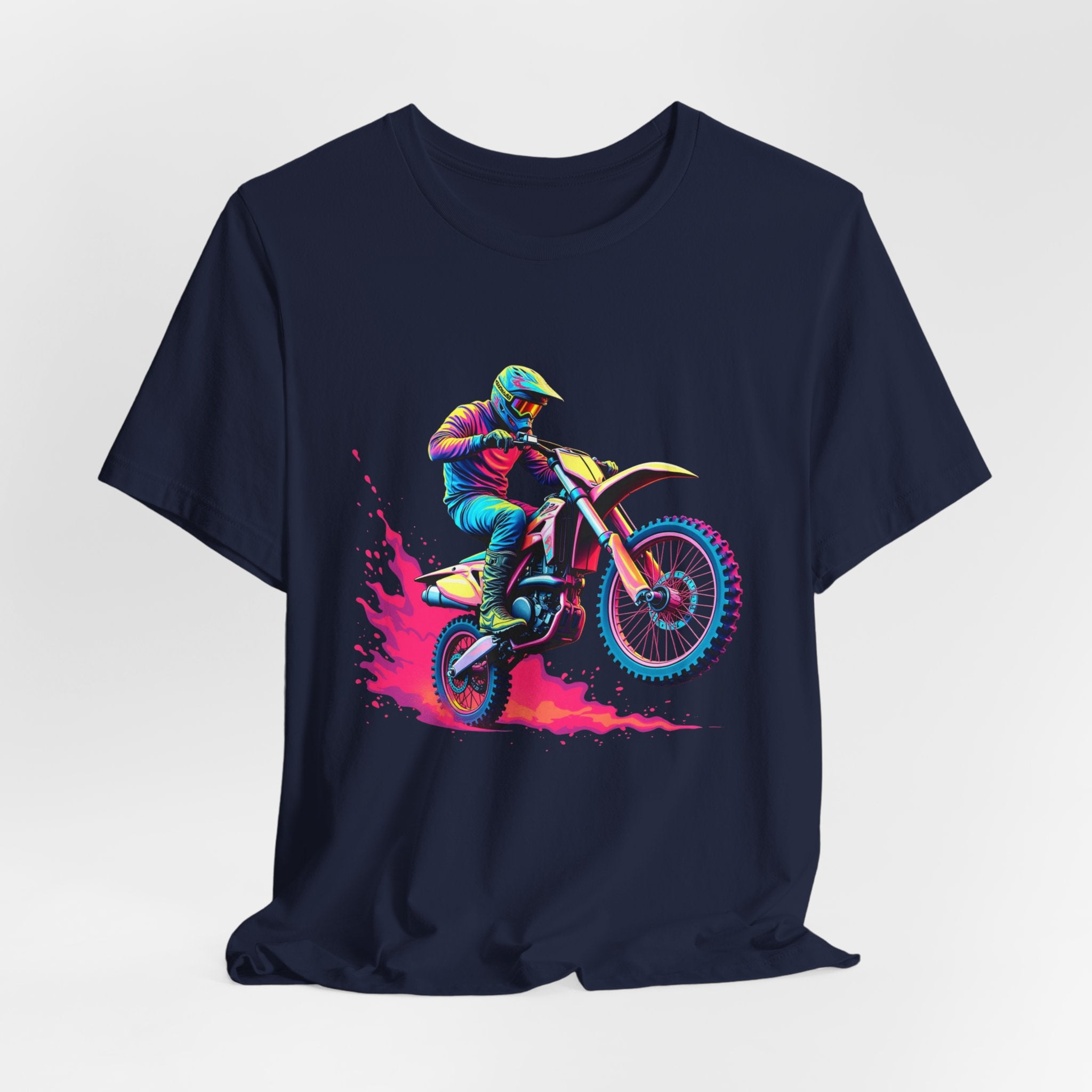 Navy blue t-shirt with a colorful graphic of a motocross rider on a white background