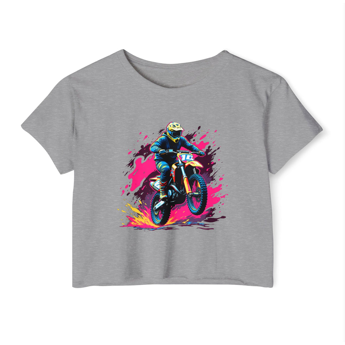 Grey crop top t-shirt with neon color motocross rider graphic in a grey background
