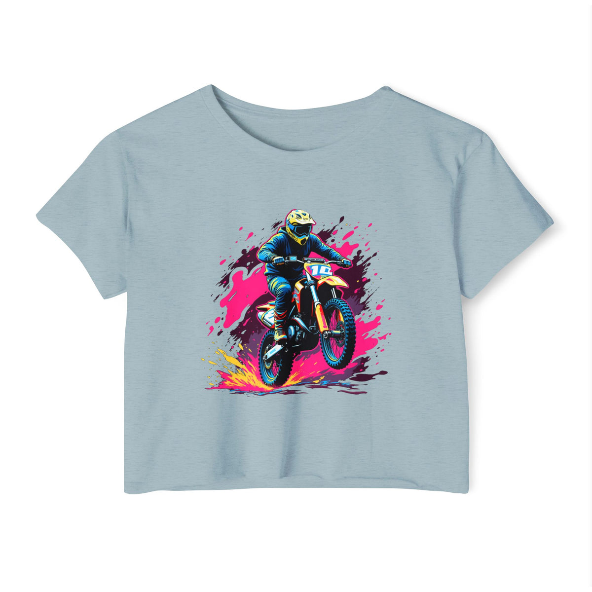 Stone wash denim crop top t-shirt with neon color motocross rider graphic in a grey background