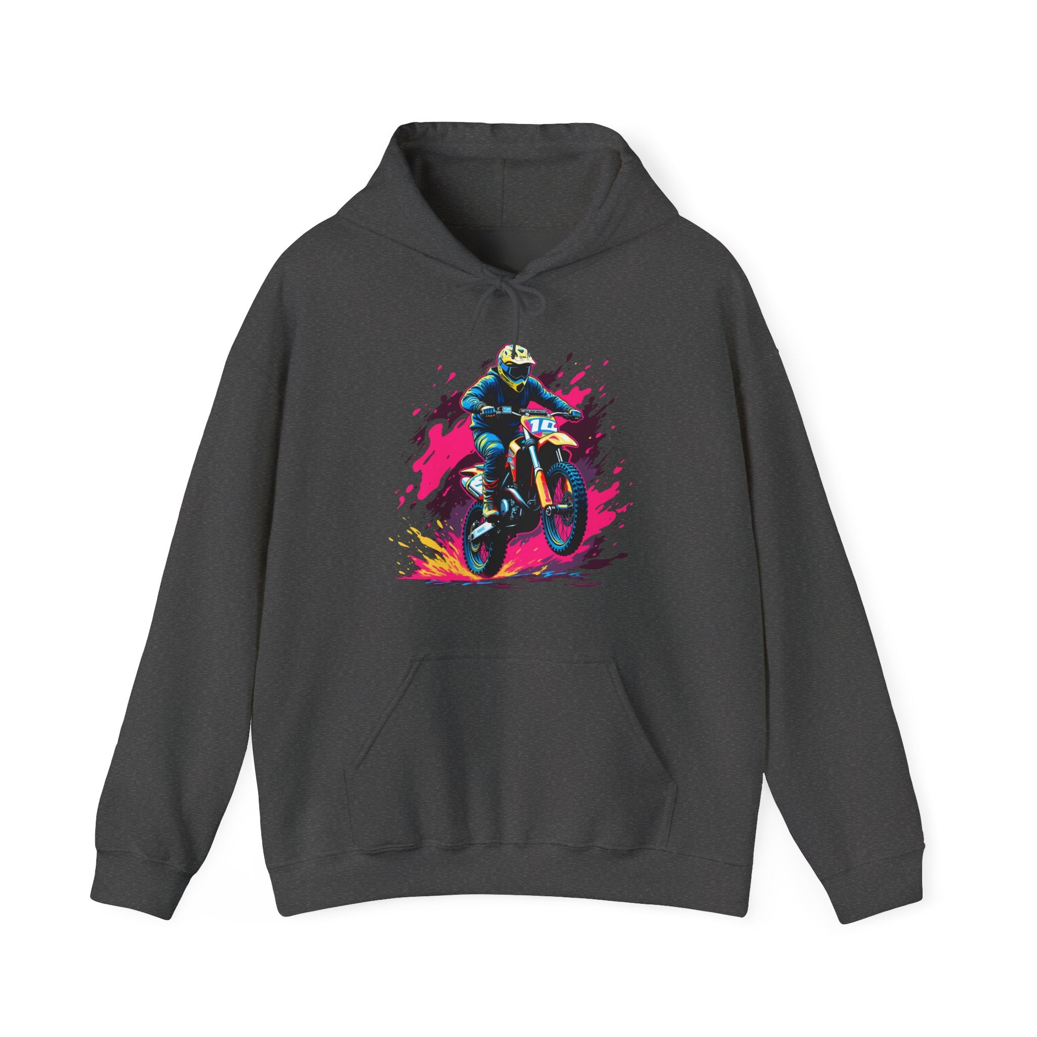 Gray hoodie with a colorful graphic of a person on a motorcycle on a white background