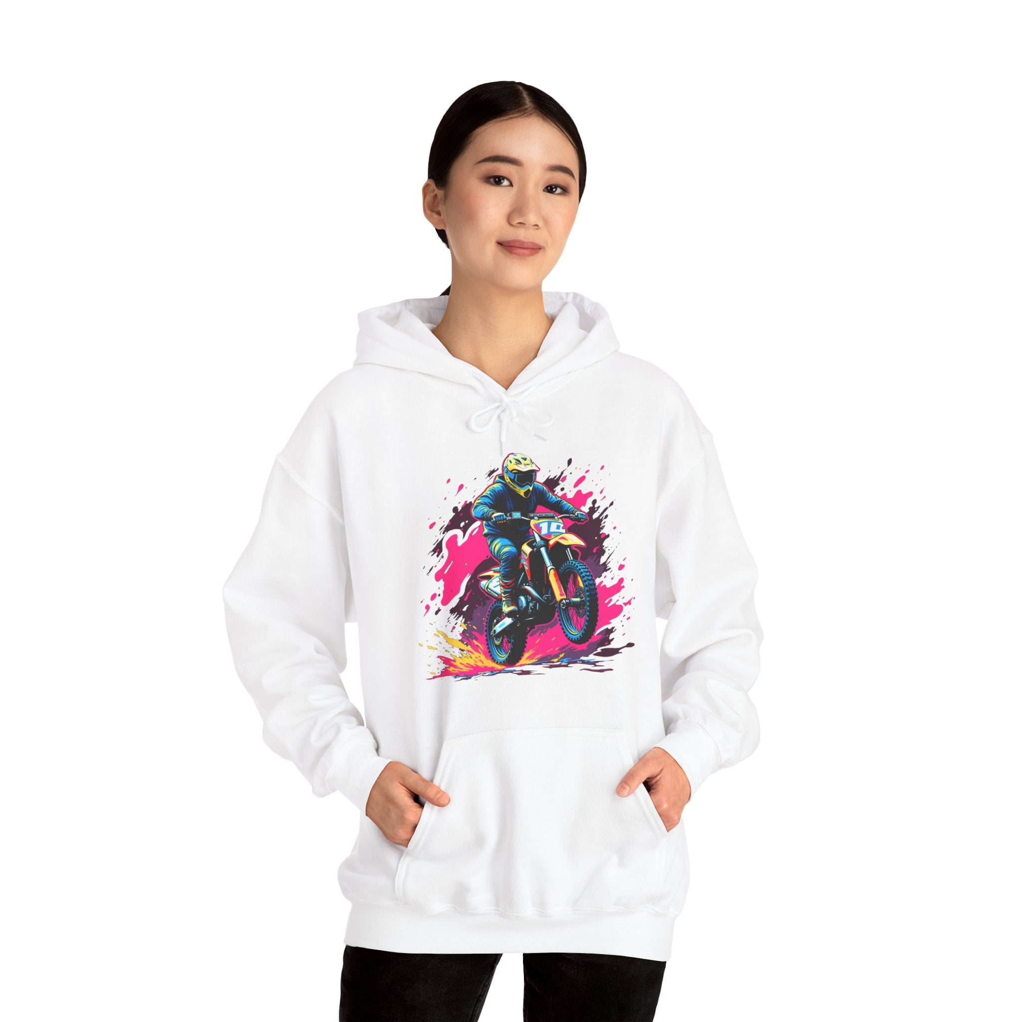 Person wearing a white hoodie with a graphic design on a white background